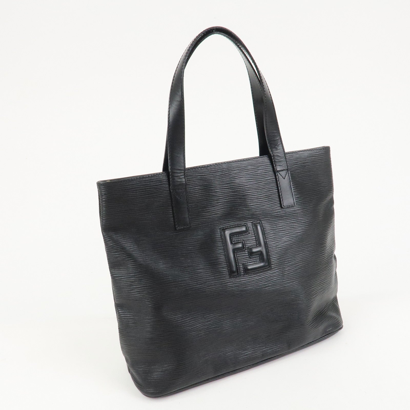 FENDI Logo Leather Tote Bag Hand Bag Shoulder Bag Black