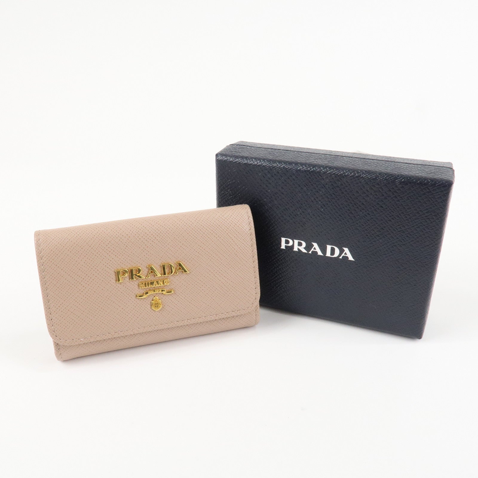 PRADA Logo Leather 4 Rings Key Case Key Holder Beige 1PG004 Used