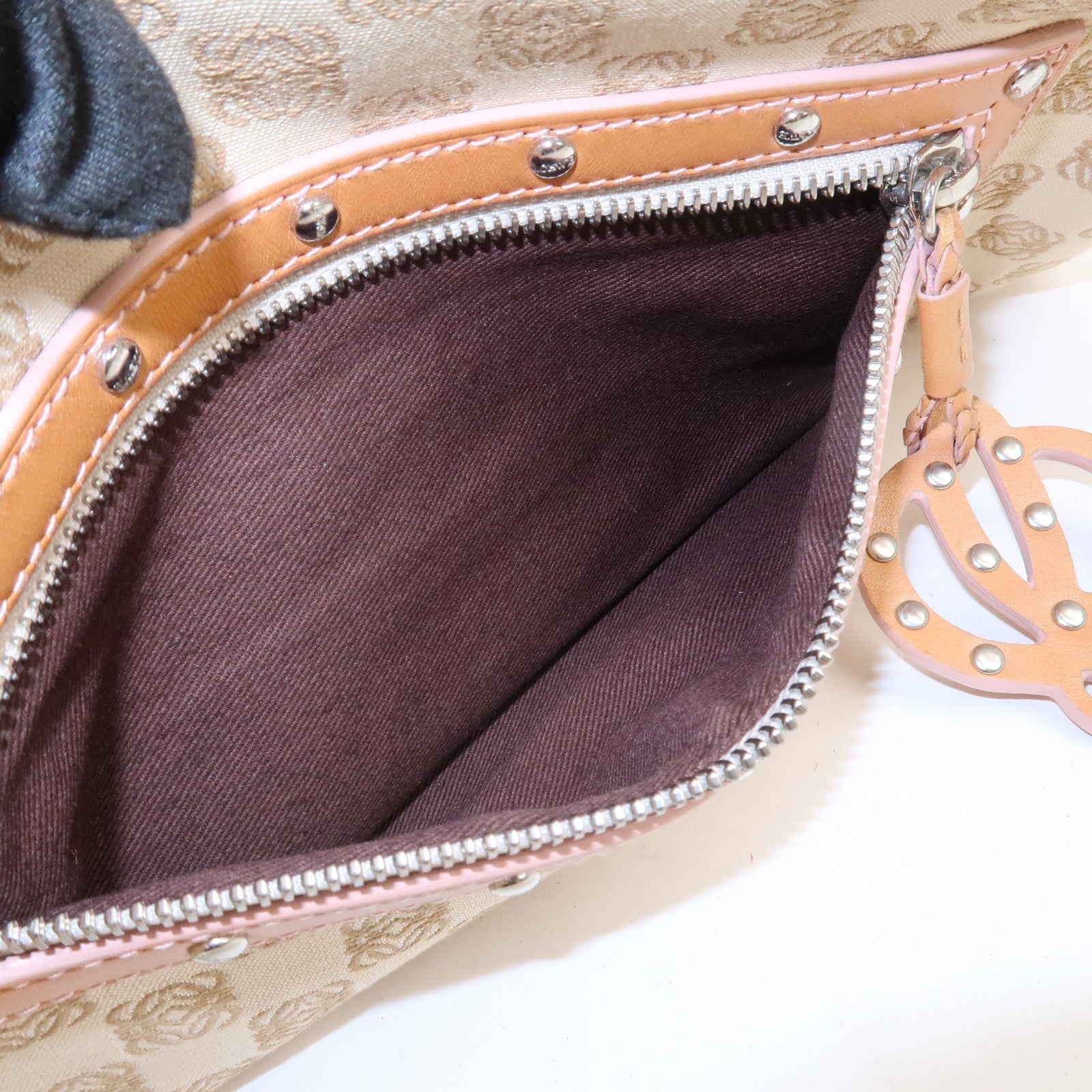 LOEWE Anagram Logo Canvas Shoulder Bag Leather Beige Light Brown