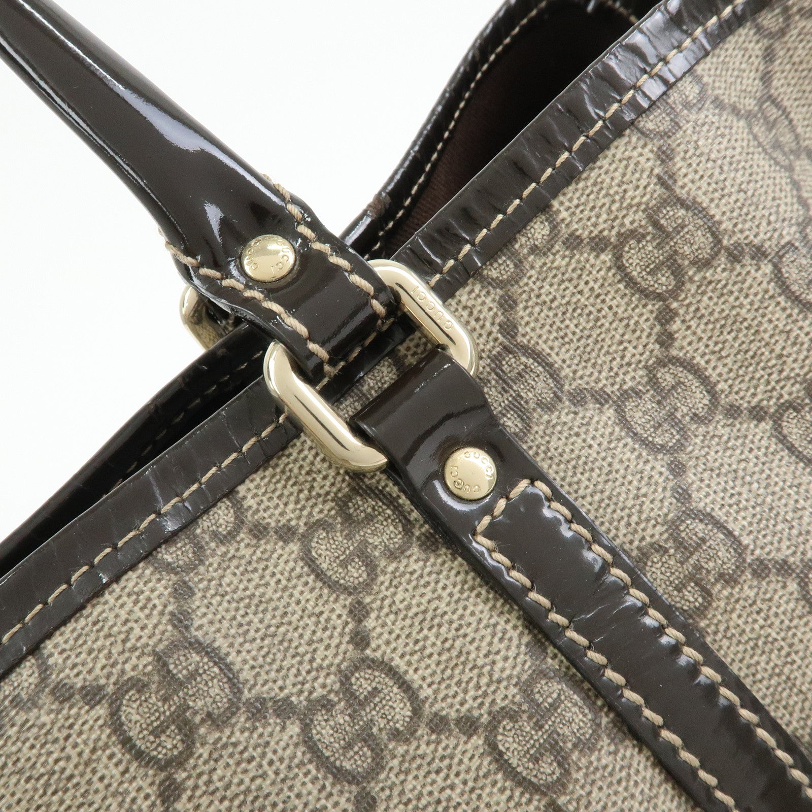 GUCCI GG Supreme Patent Leather Tote Bag Shoulder Bag Brown 197953