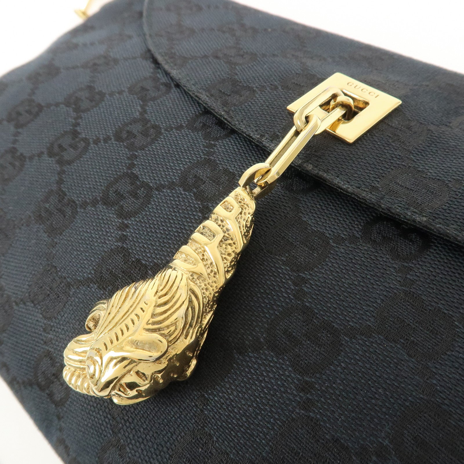 GUCCI Tiger Head GG Canvas Leather Chain Shoulder Bag 001.4113