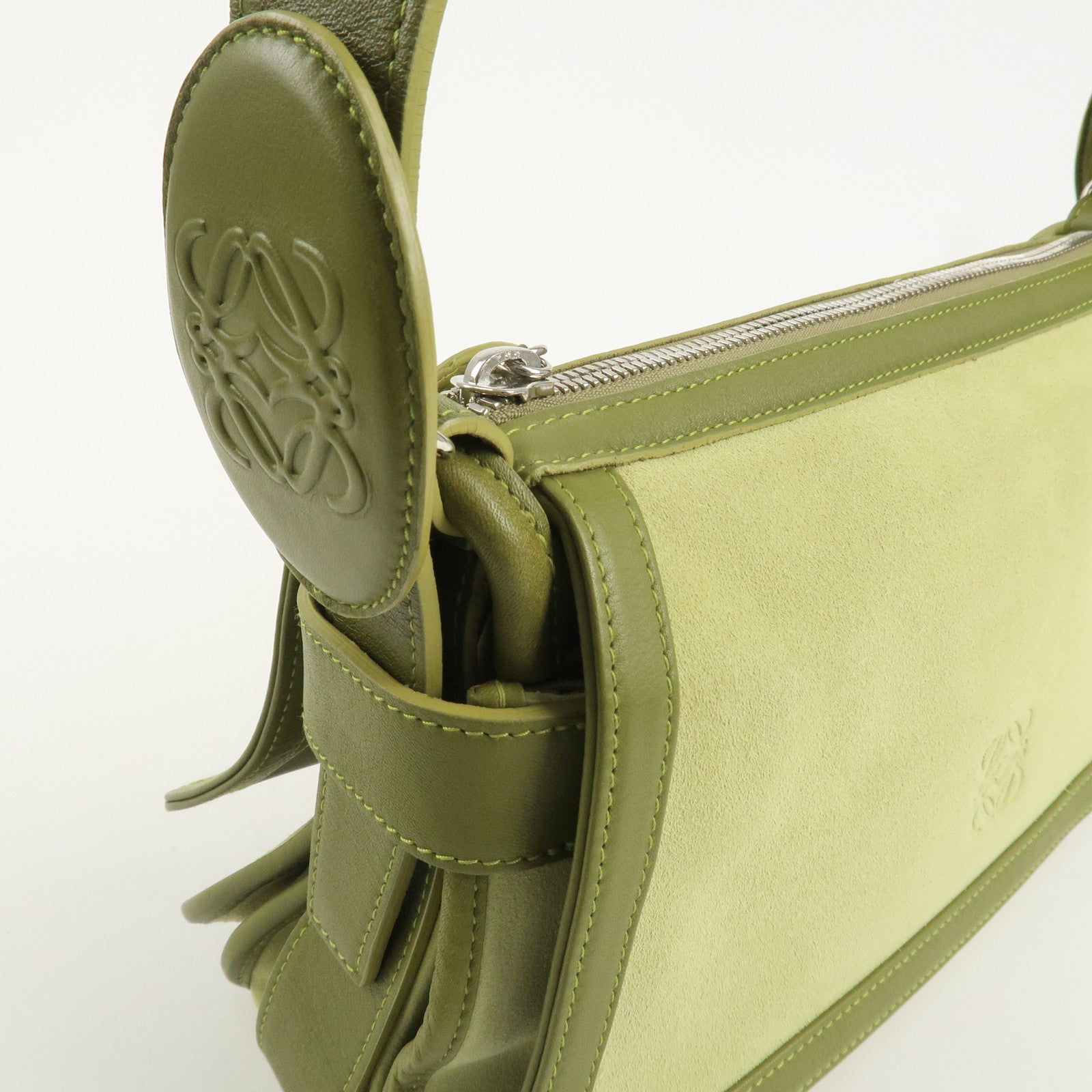 LOEWE Anagram Leather Suede Shoulder Bag Green Silver HDW Used