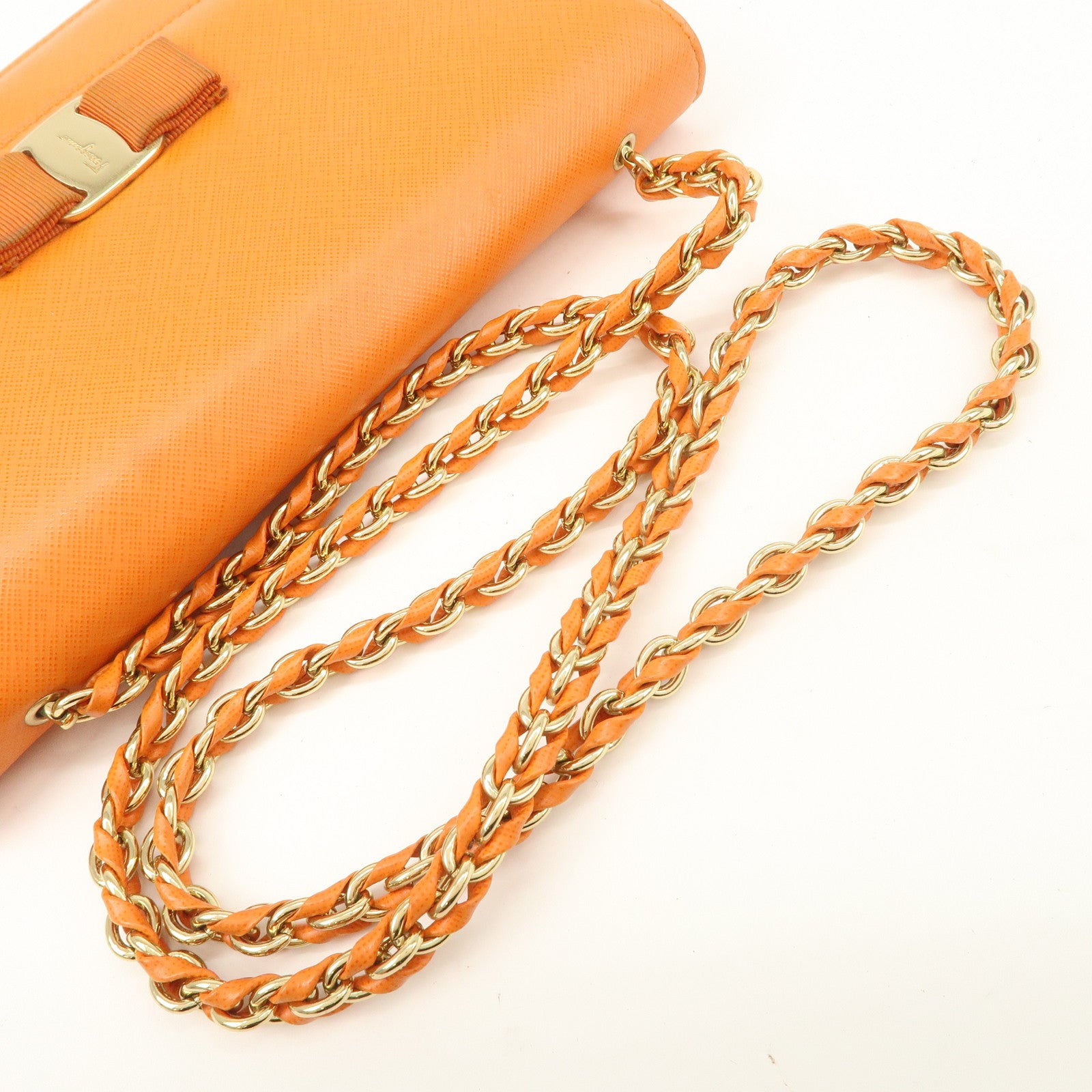 Ferragamo Vara Ribbon Leather Chain Shoulder Bag Hand Bag Orange