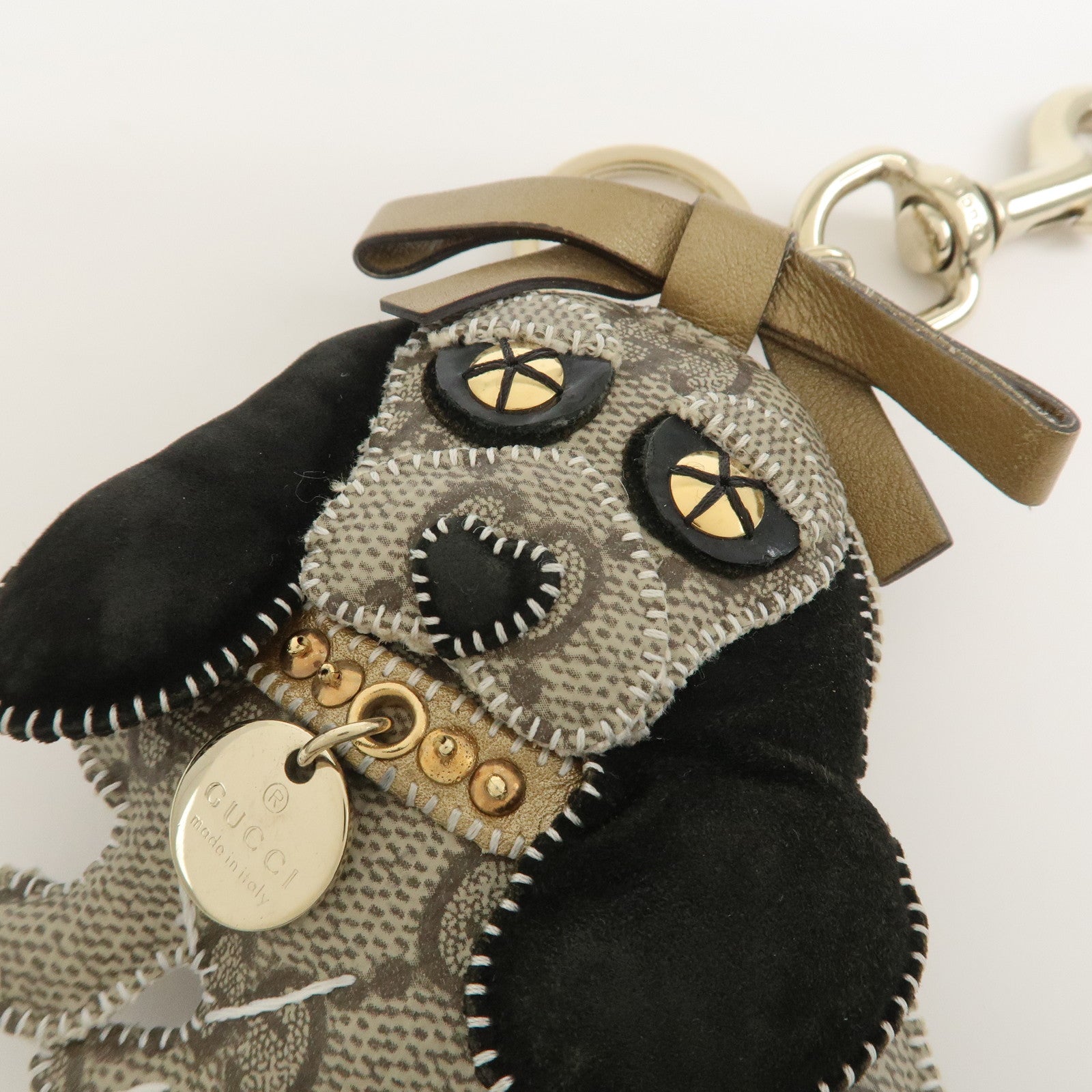 GUCCI GG Plus Suede Leather Bag Charm Key Chain Beige Black 206078