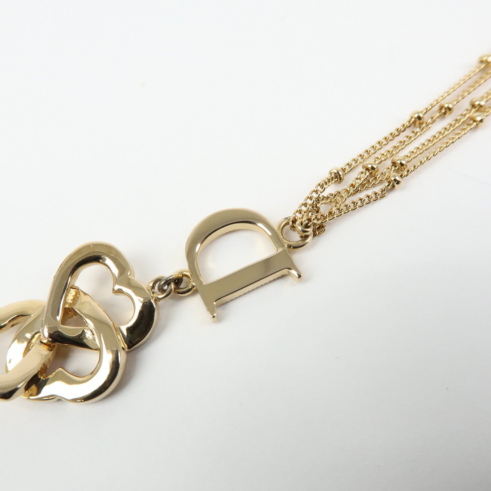 Christian Dior Logo Metal Double Chain Necklace Heart Charm Gold