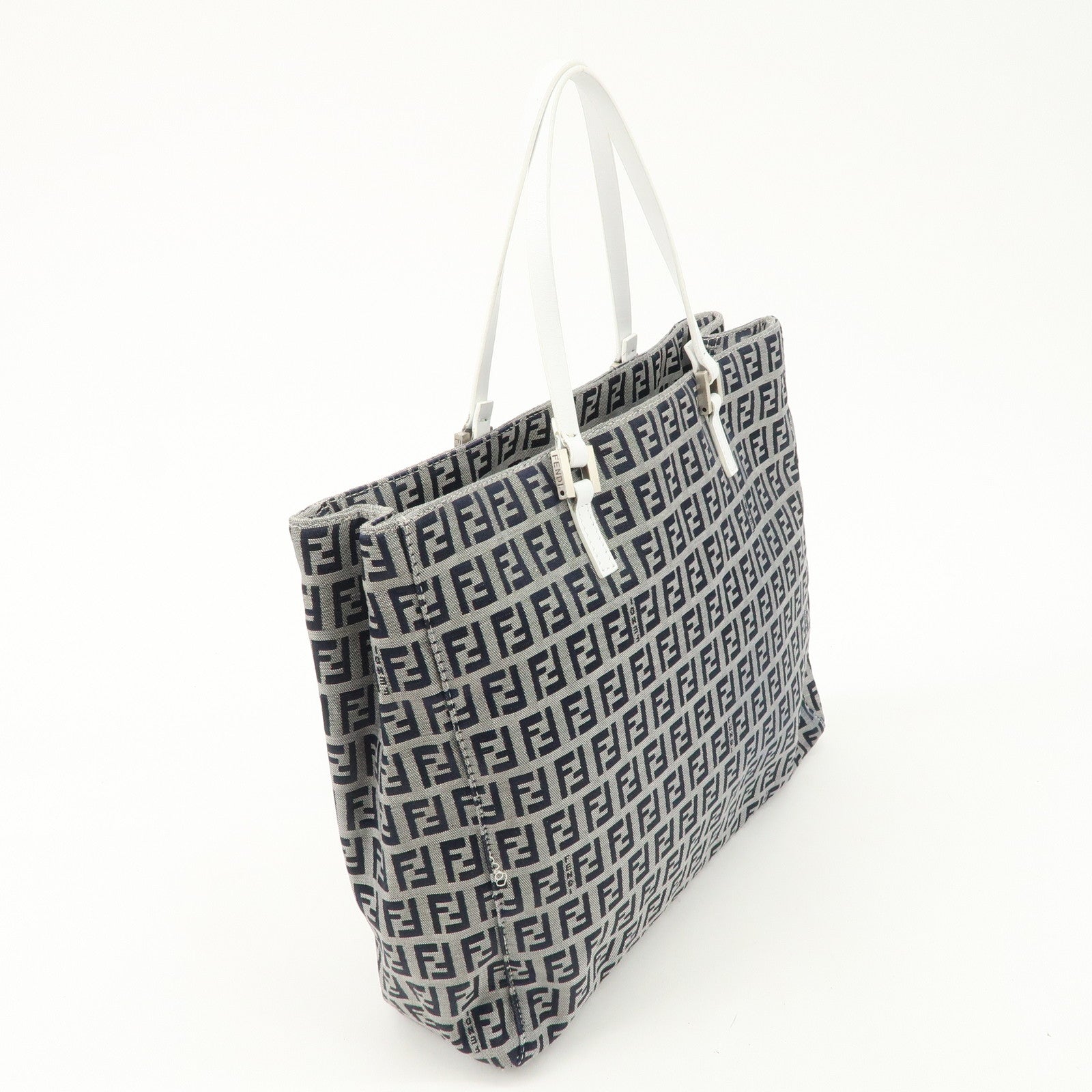 FENDI Zucchino Canvas Leather Tote Bag Hand Bag White Navy 8BH019 Used