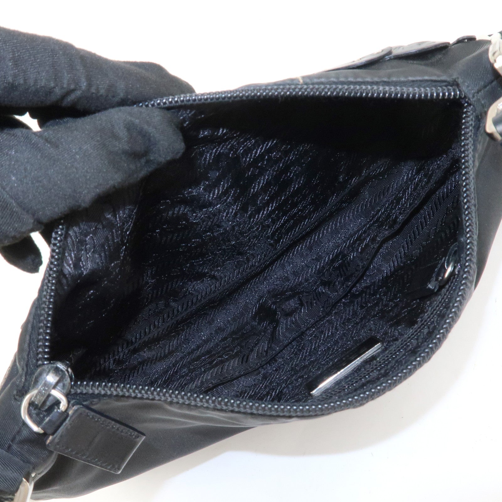 PRADA Nylon Leather Shoulder Bag Hand Bag Flower Motif Black
