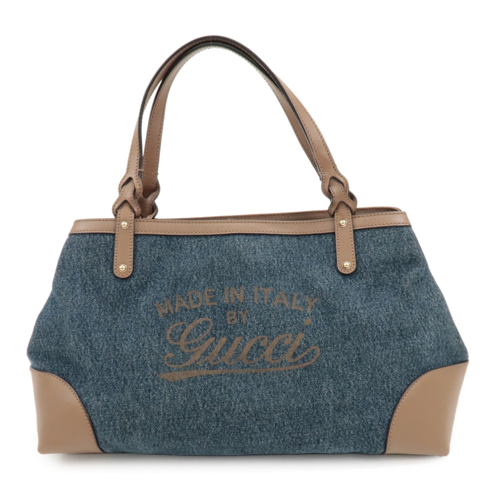 GUCCI Craft Denim Leather Tote Bag Hand Bag Navy Brown 348715 Used