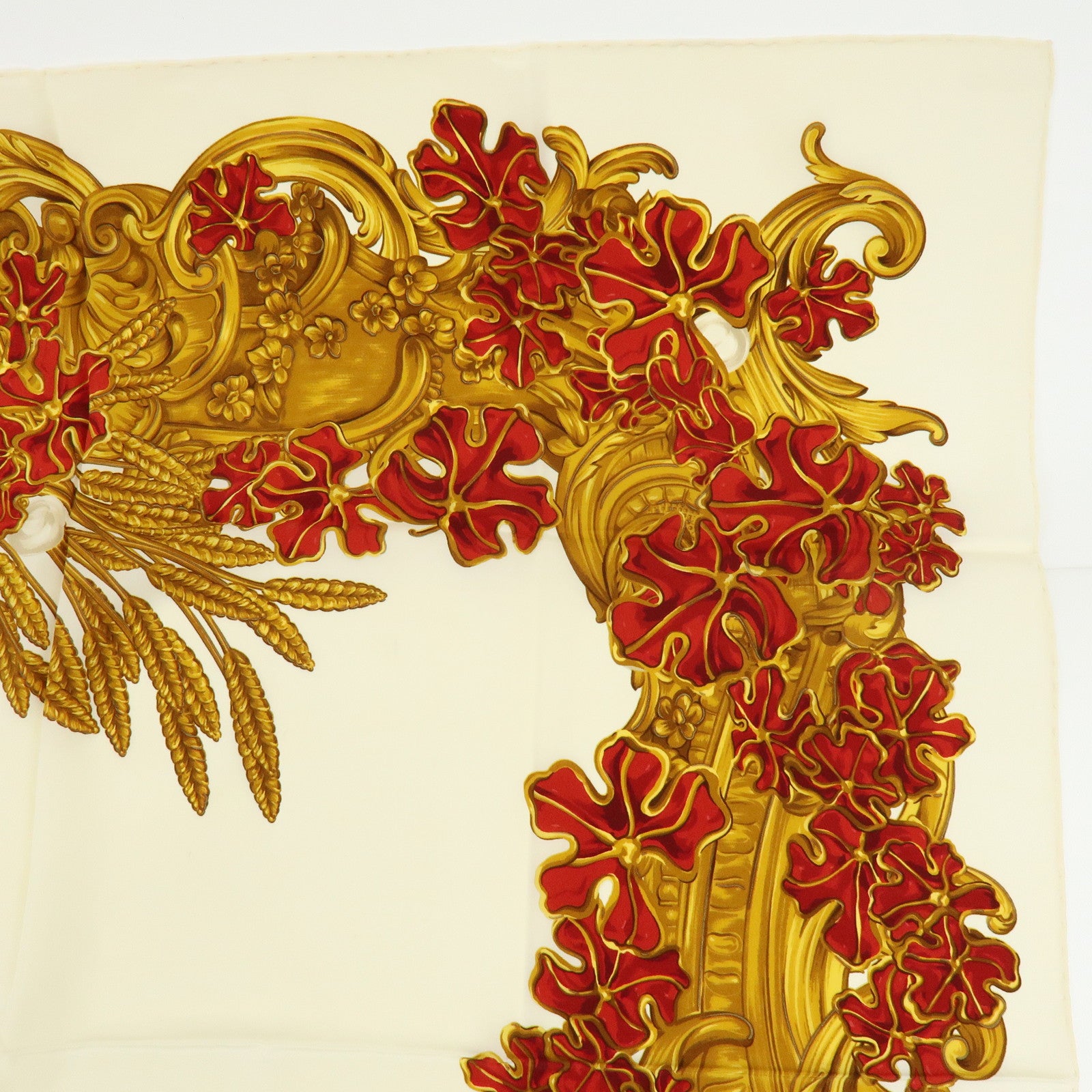 CHANEL Silk 100% Scarf Pearl Flower Motif Gold Red Ivory