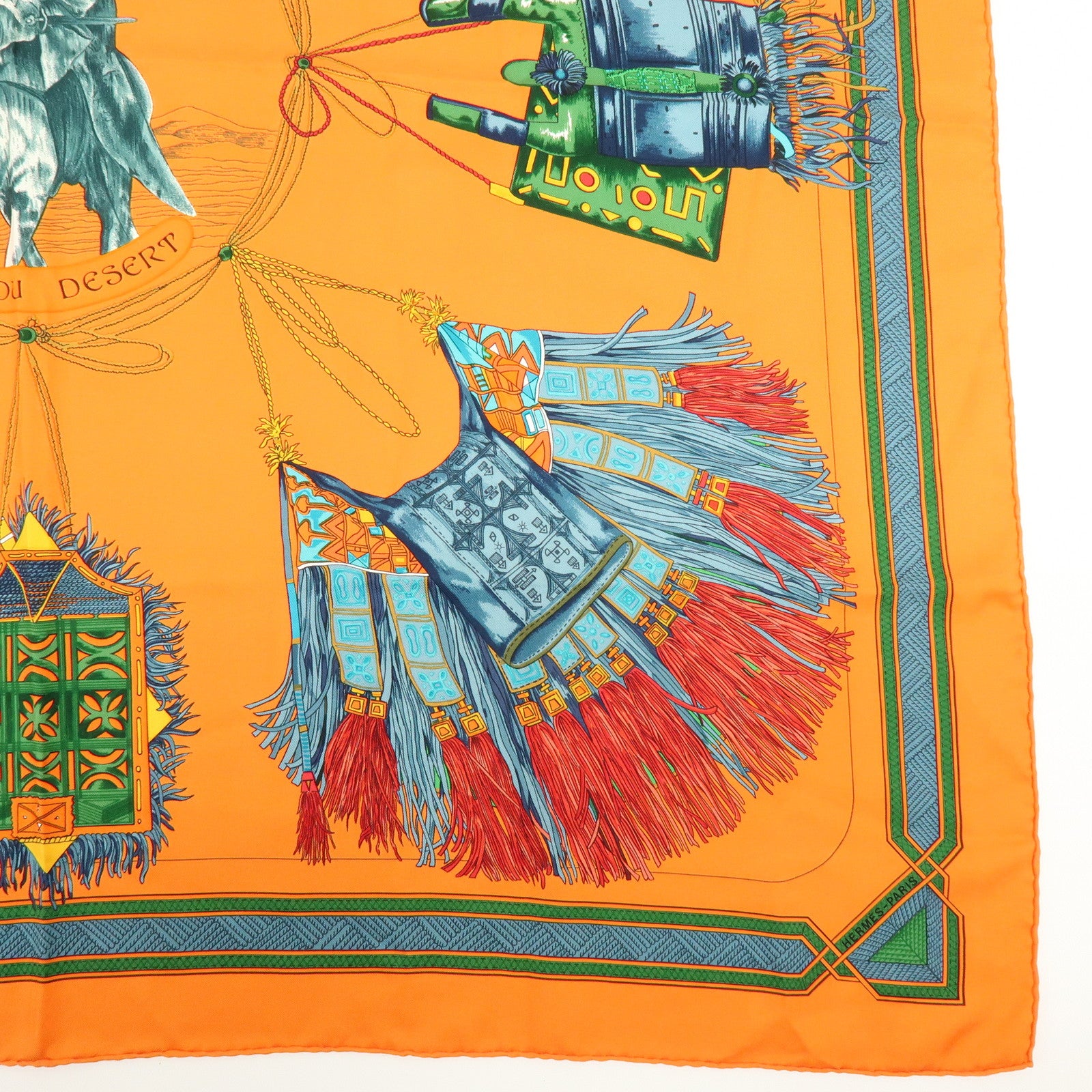 HERMES Carre 90 Silk 100% CUIRS DU DESERT Scarf Orange
