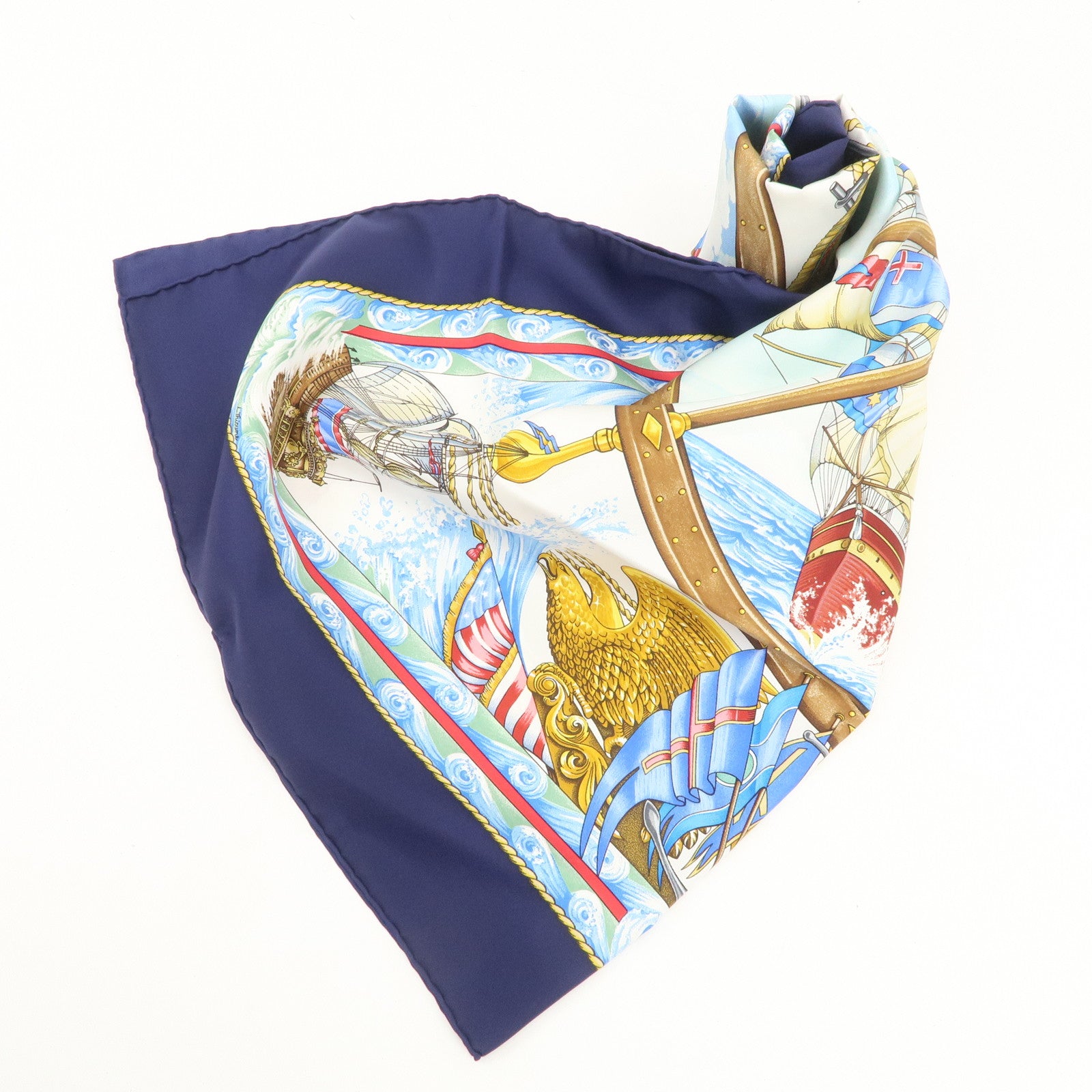 HERMES Carre 90 Silk 100% Scarf Vive Le Vent Blue Navy White Used