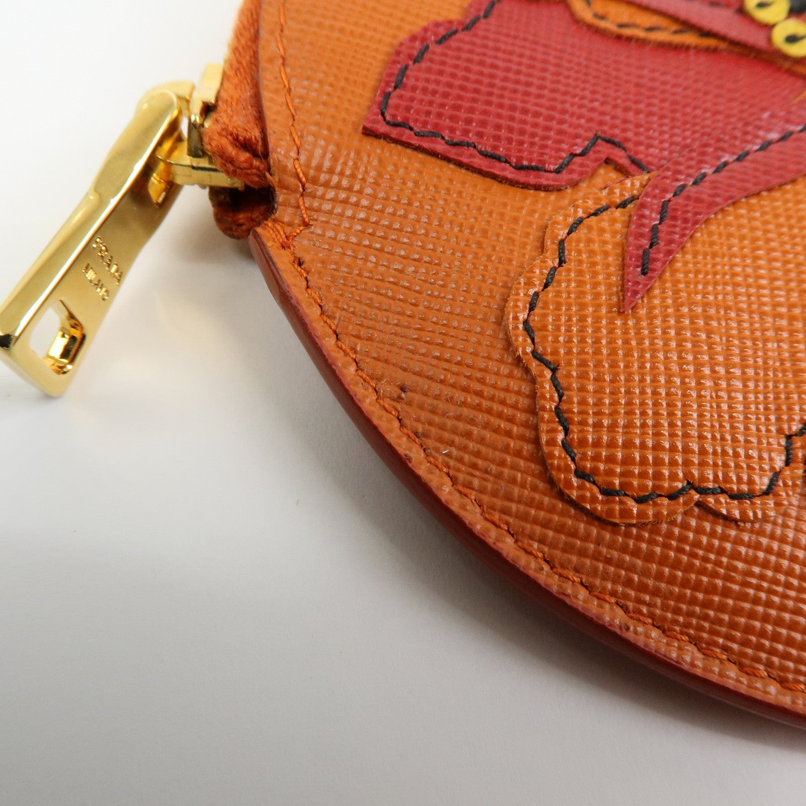 PRADA Saffiano Leather Flower Motif Round Coin Case Orange 1M1400