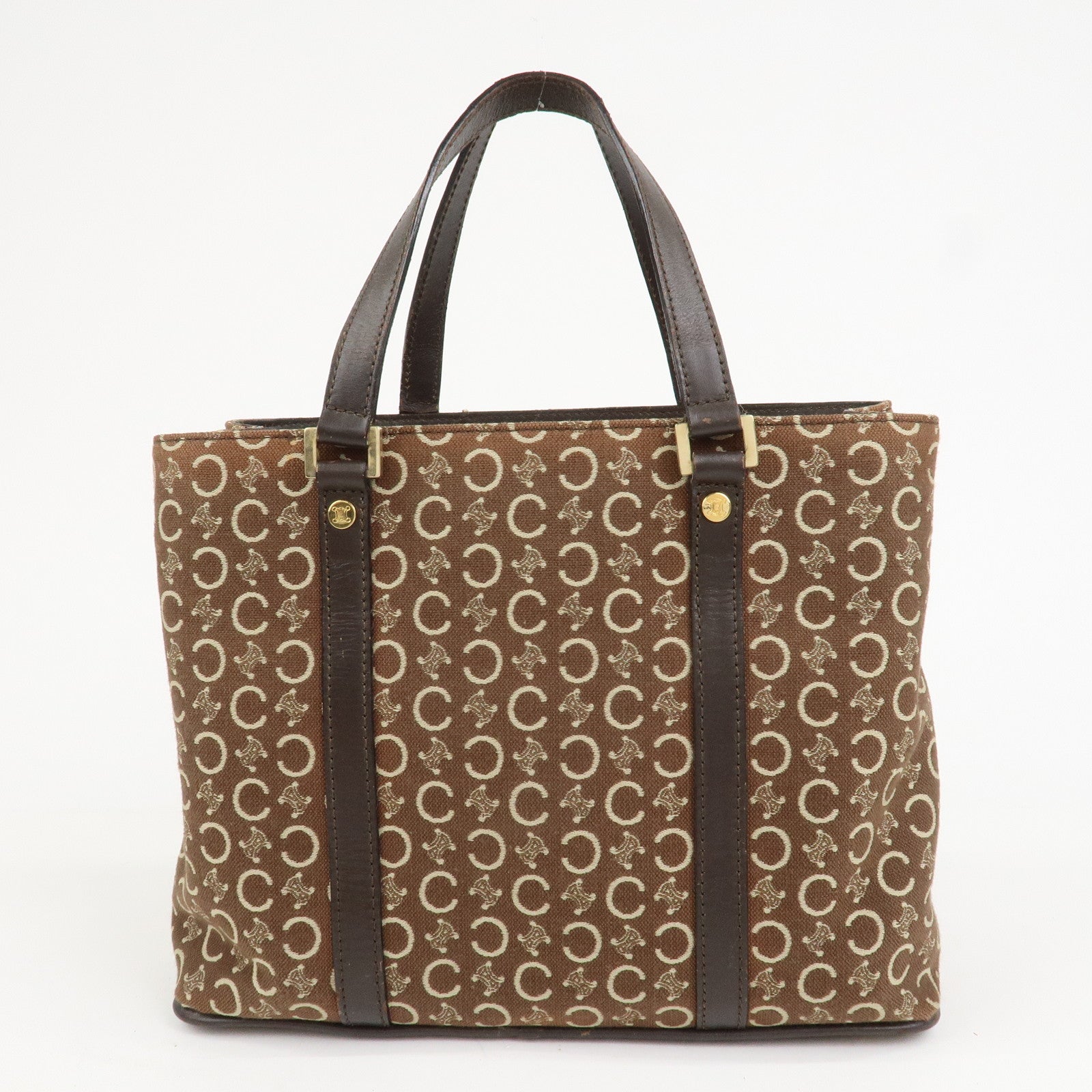 CELINE C Macadam Canvas Leather Hand Bag Brown Beige