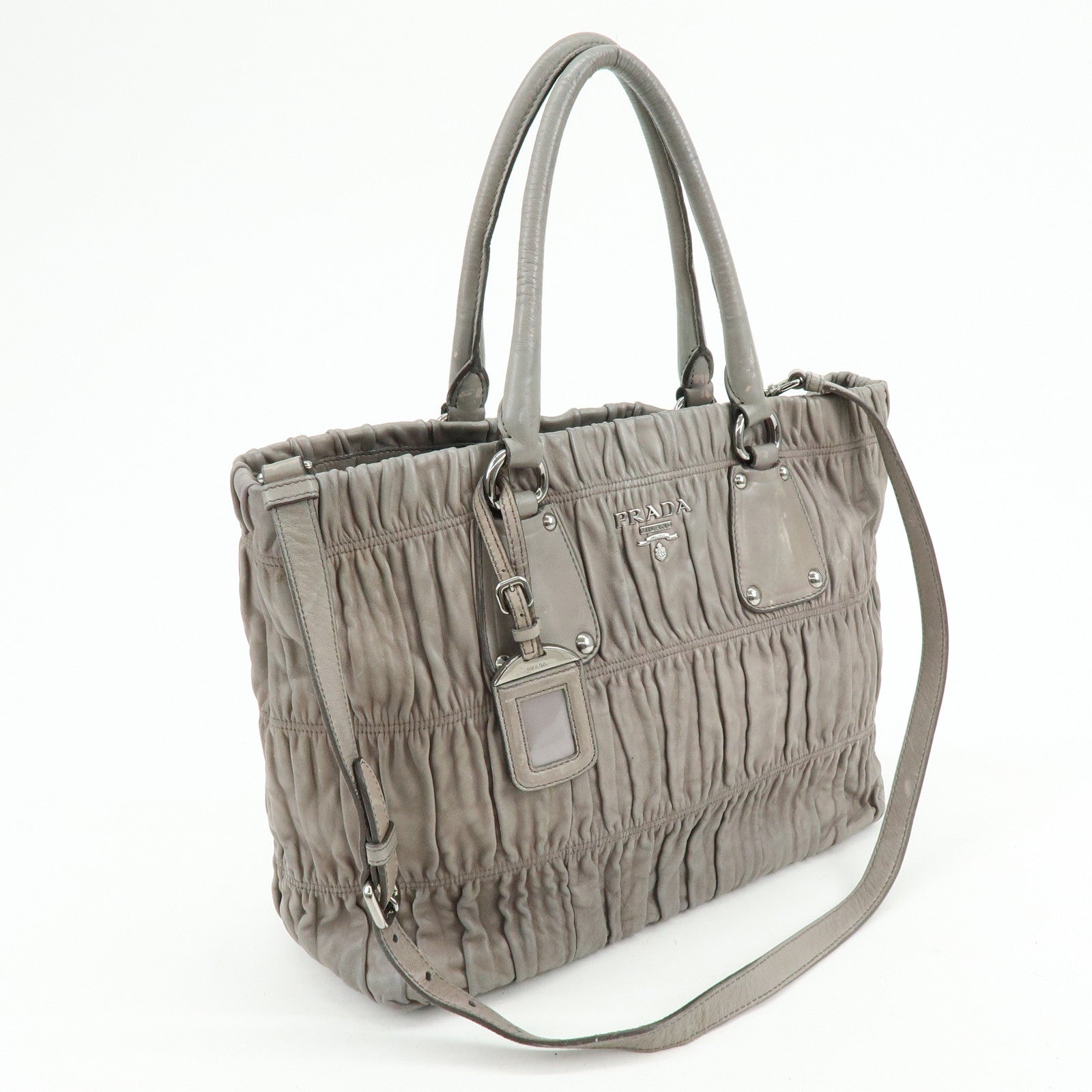 PRADA Logo Leather 2Way Bag Hand Bag Shoulder Bag Gray