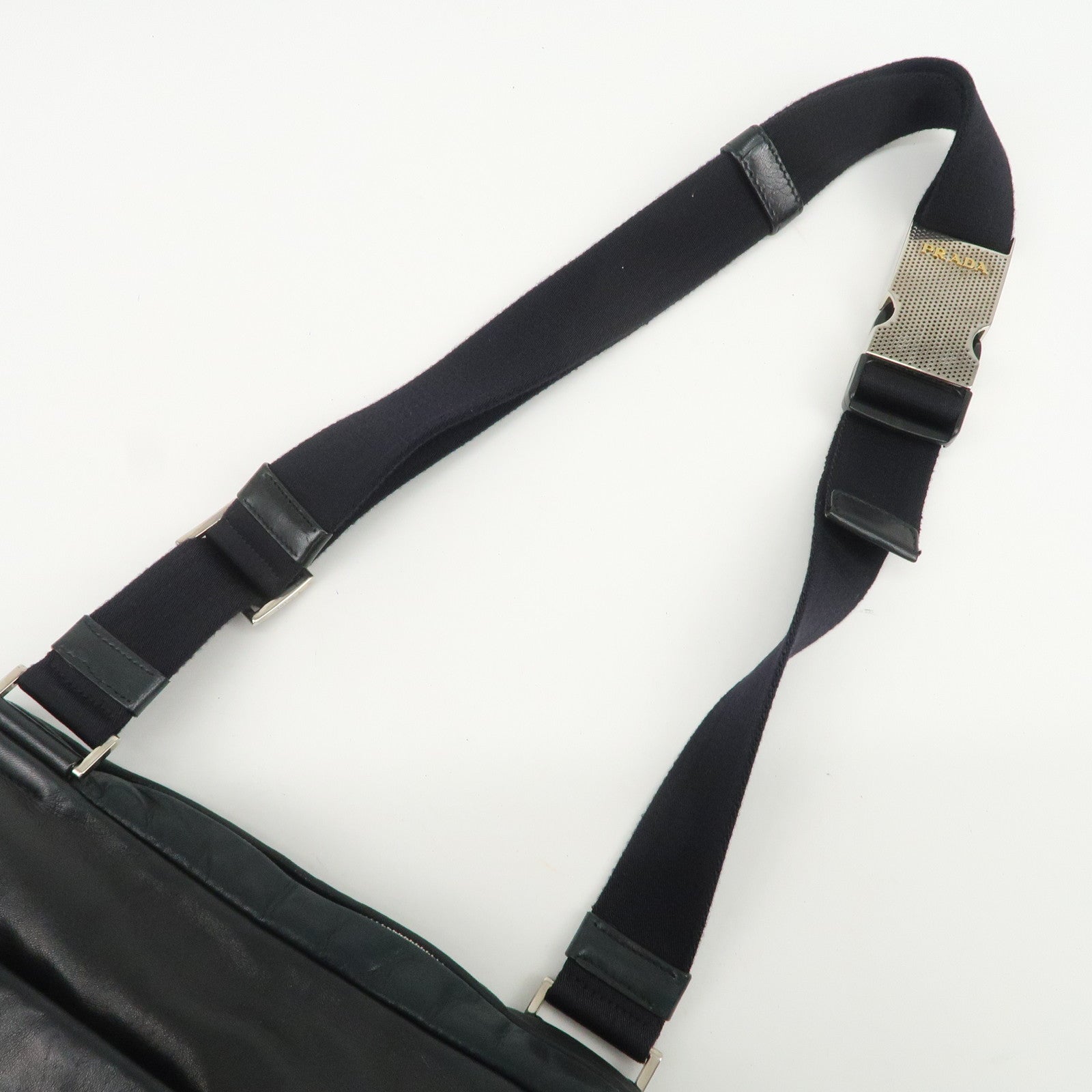 PRADA Triangle Logo Lamb Skin Canvas Shoulder Crossbody Bag Black