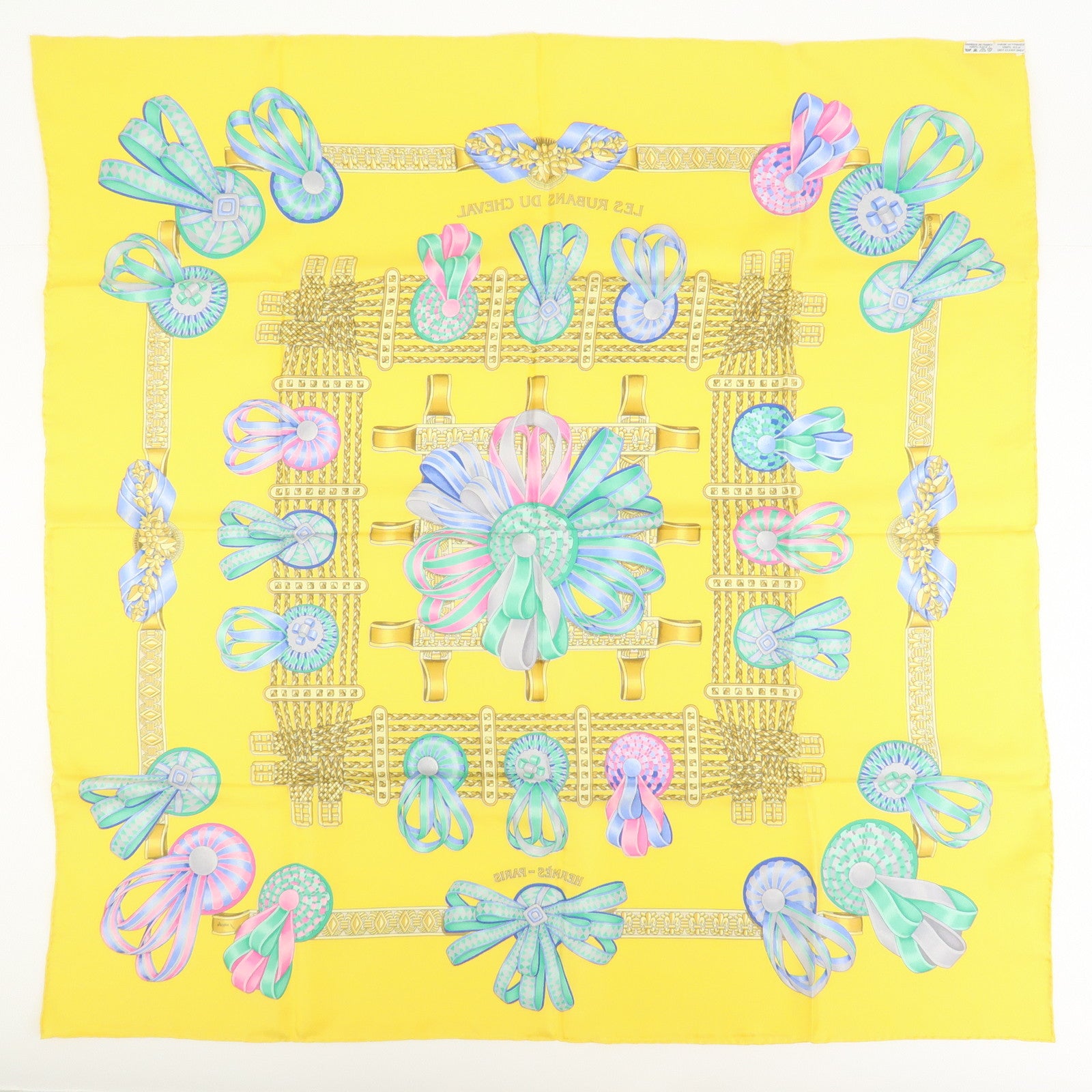 Hermes Carre 90 Silk 100% Scarf LES RUBANS DU CHEVAL Yellow
