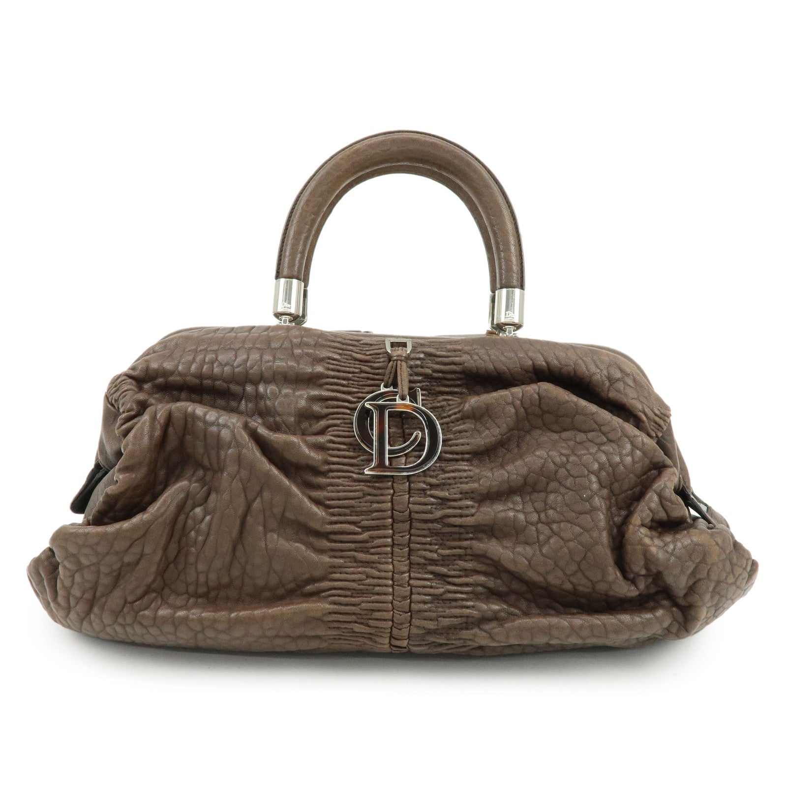 Christian Dior Embossed Gathered Leather Boston Bag Hand Bag Brown