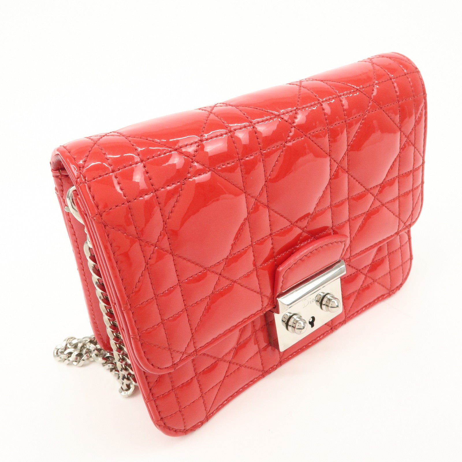 Christian Dior Cannage Patent Leather Chain Shoulder Bag COW Red Used