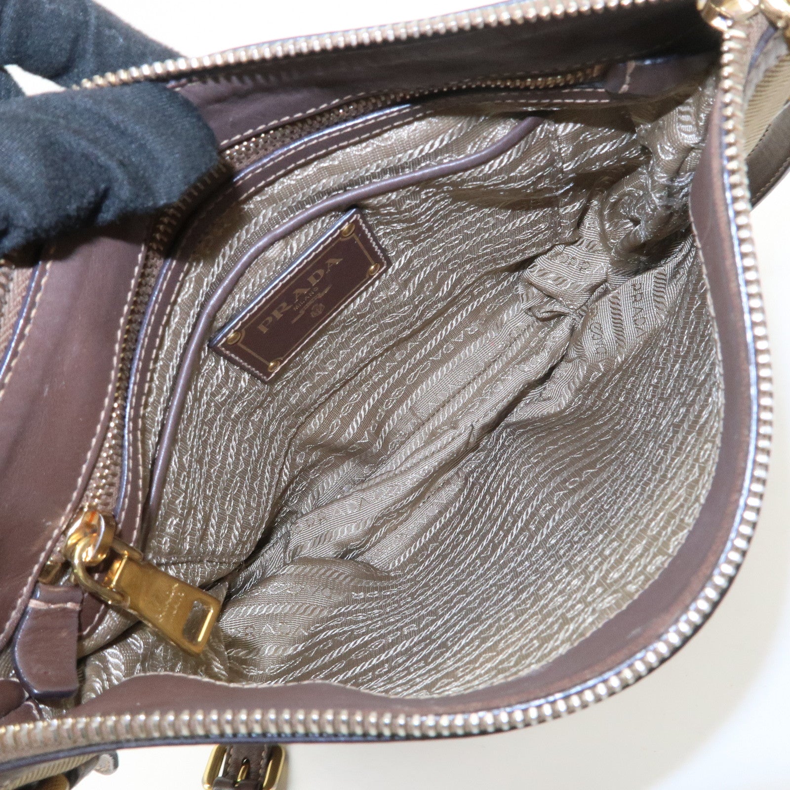 PRADA Logo Jacquard Leather Shoulder Bag Beige Brown BT867A