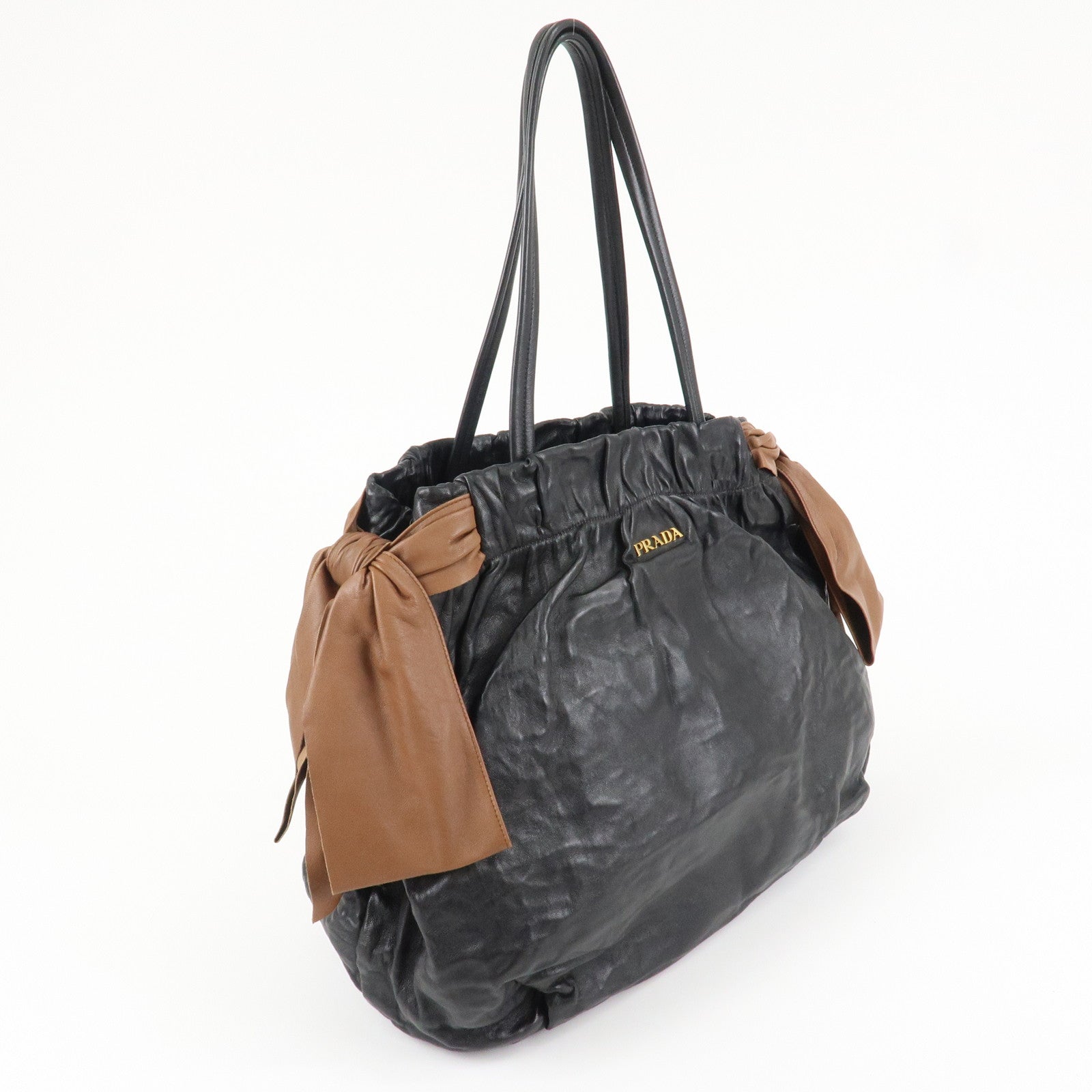 PRADA Leather Ribbon Shoulder Bag Hand Bag Black Brown Used