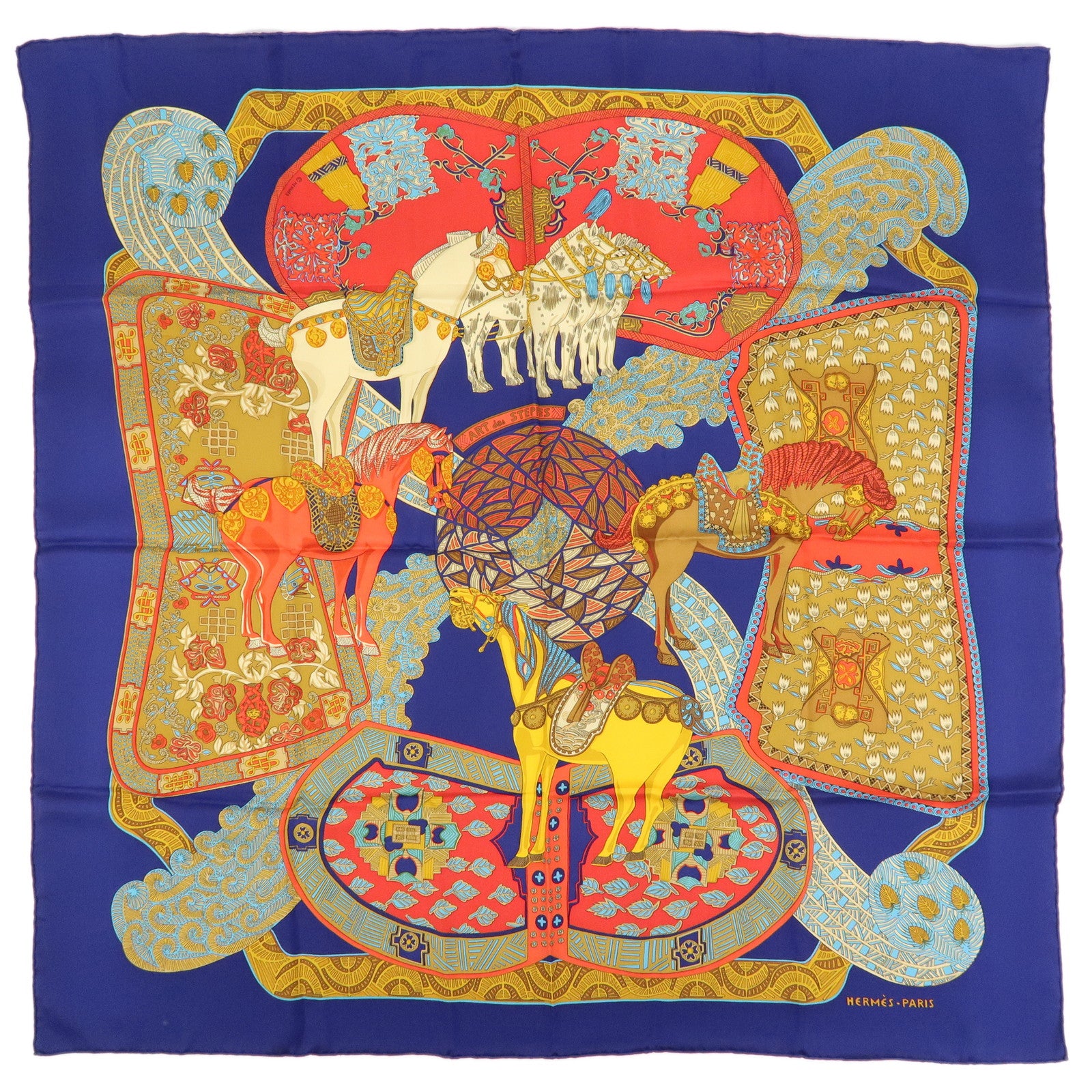 HERMES Carre 90 Silk 100% Scarf ART des STEPPES Horse Print Navy