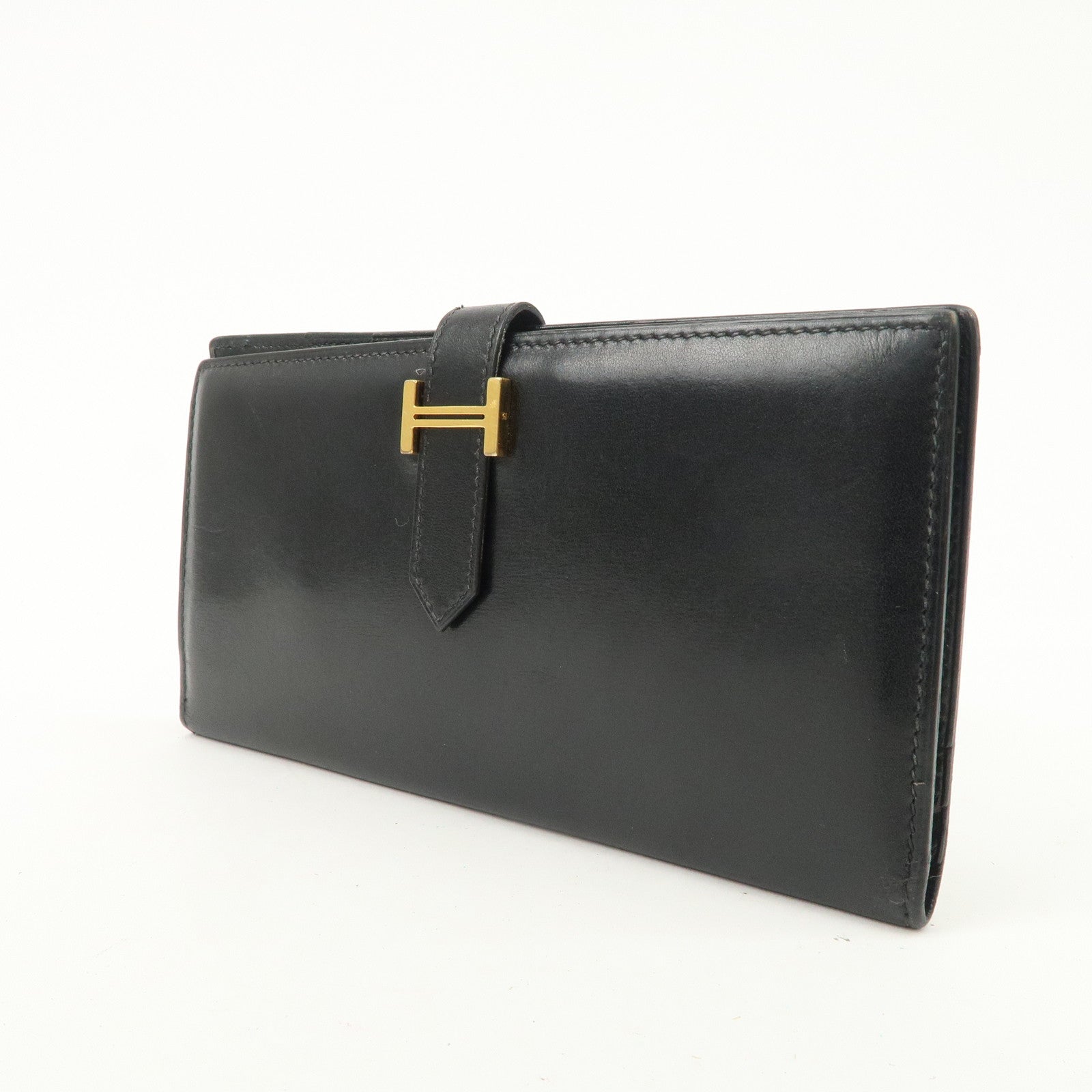 HERMES Bearn Leather Long Wallet H Stamped Black Gold HDW Used