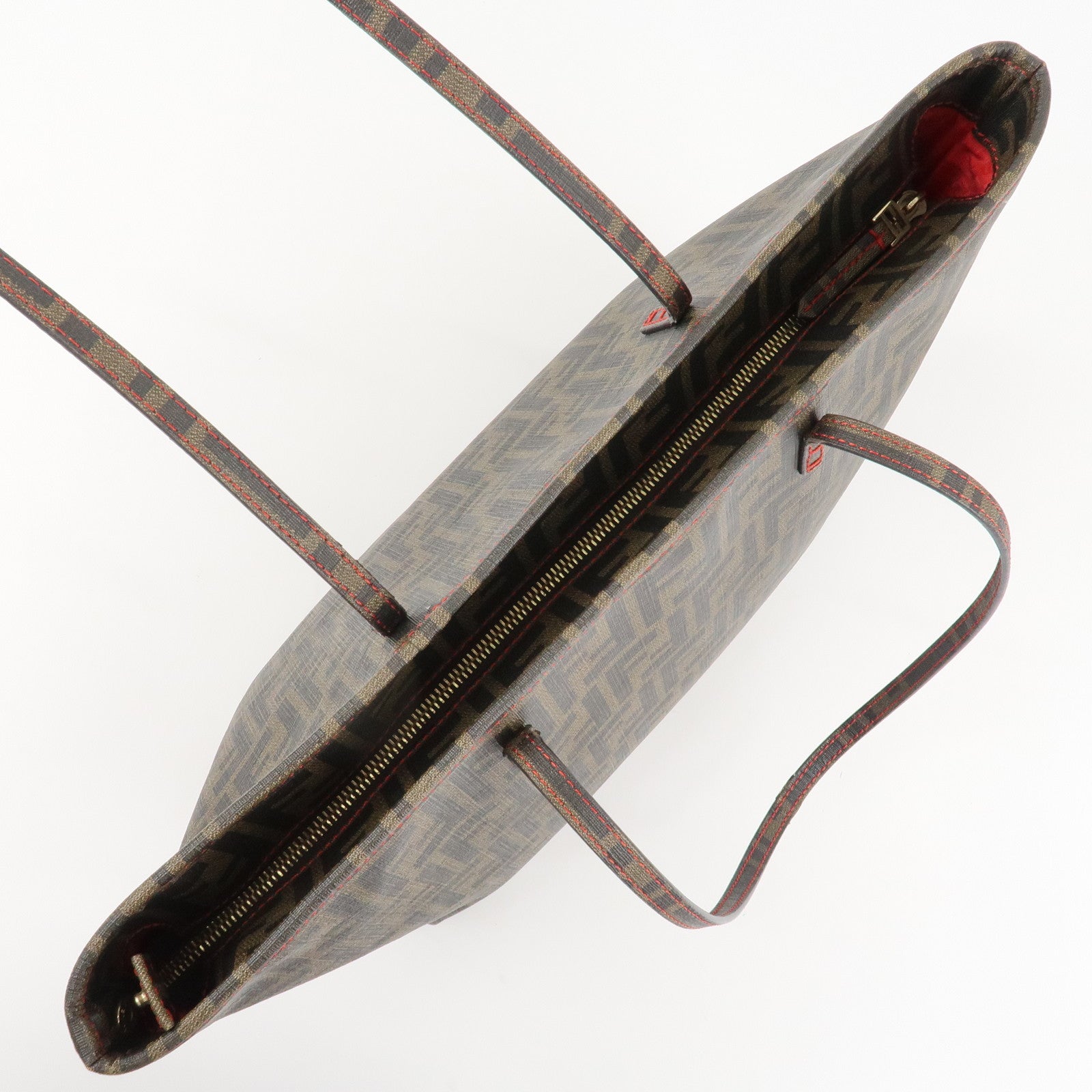 FENDI Zucca Canvas Leather Tote Bag Hand Bag Brown Black 8BH198 Used