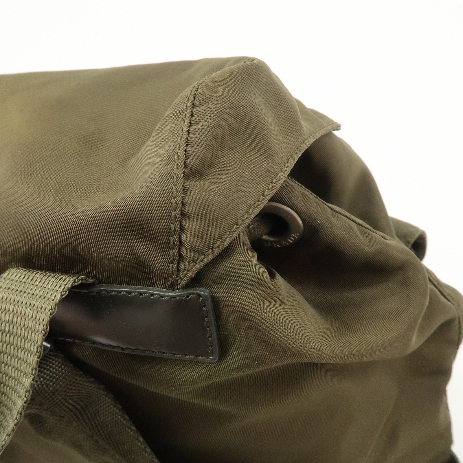 PRADA Triangle Logo Nylon Leather Backpack Ruck Sack Khaki B6677 Used