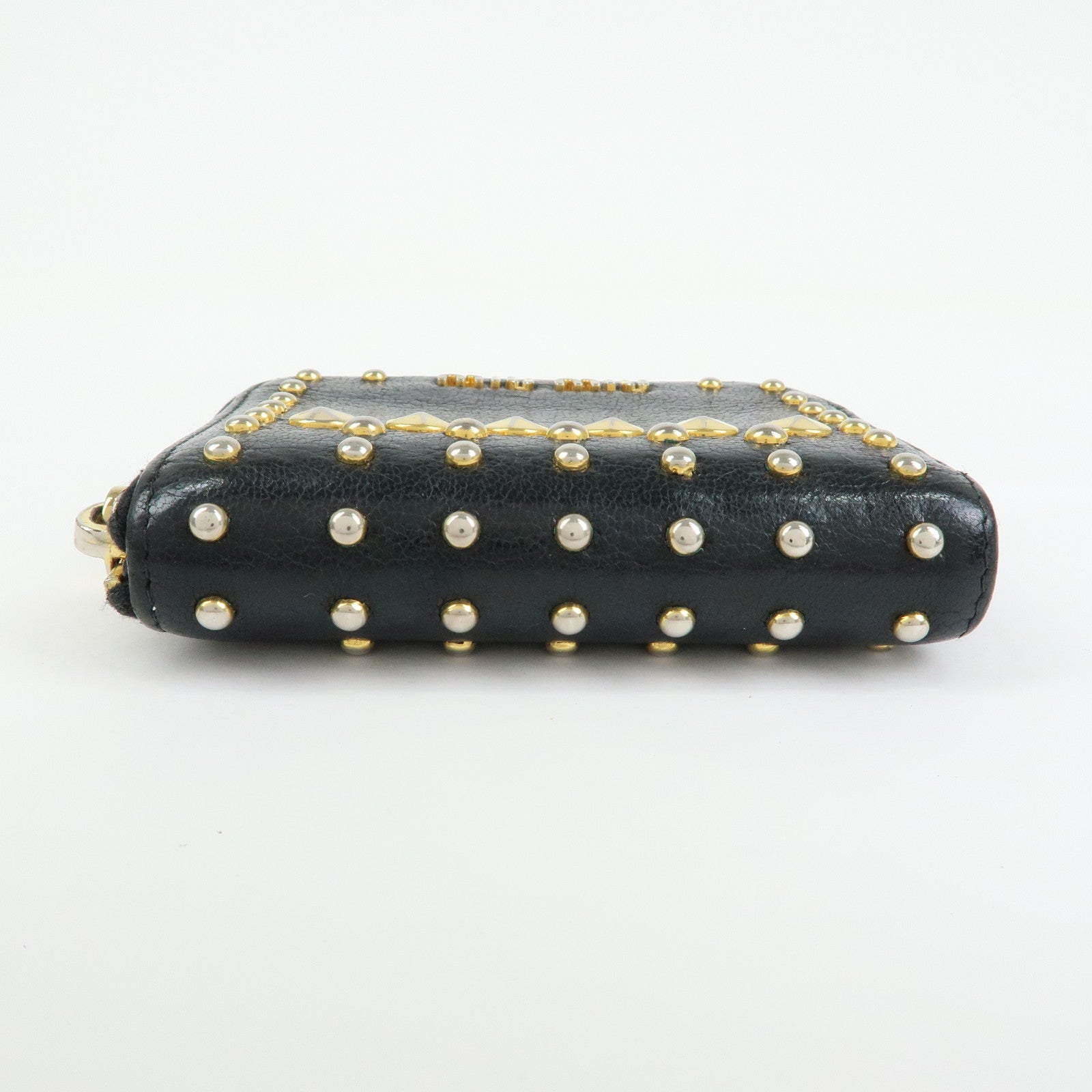 MIU MIU Madras Leather Studs Compact Coin Case Wallet Black