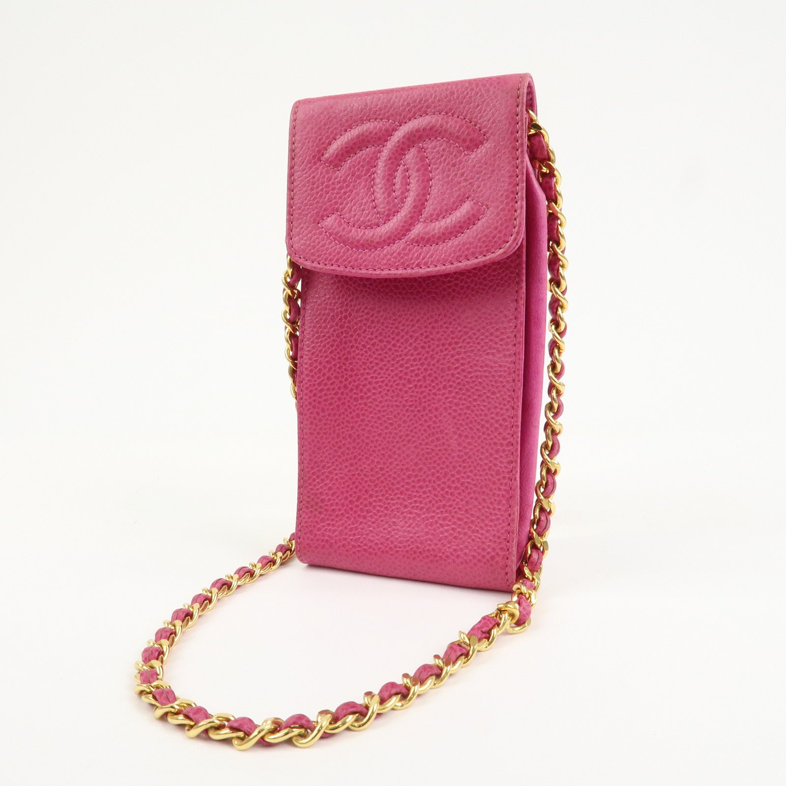 CHANEL COCO Mark Caviarskin Leather Chain Cell Phone Case Pink