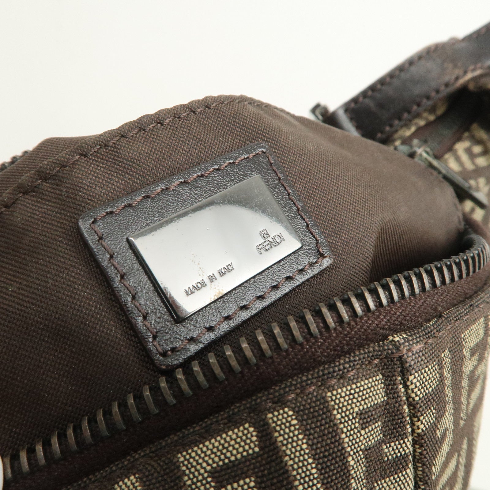 FENDI Zucchino Canvas Leather Hand Bag Shoulder Bag Brown 8BR441