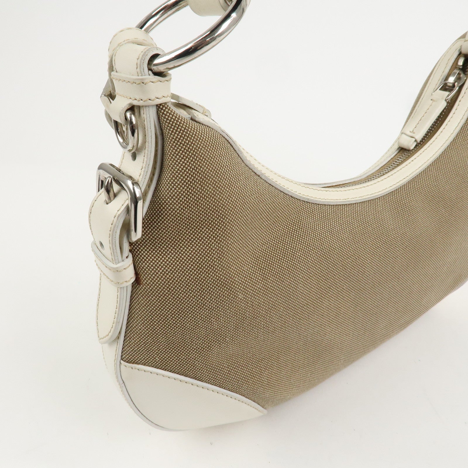PRADA Logo Canvas Leather Shoulder Bag Hand Bag Beige White BR3429