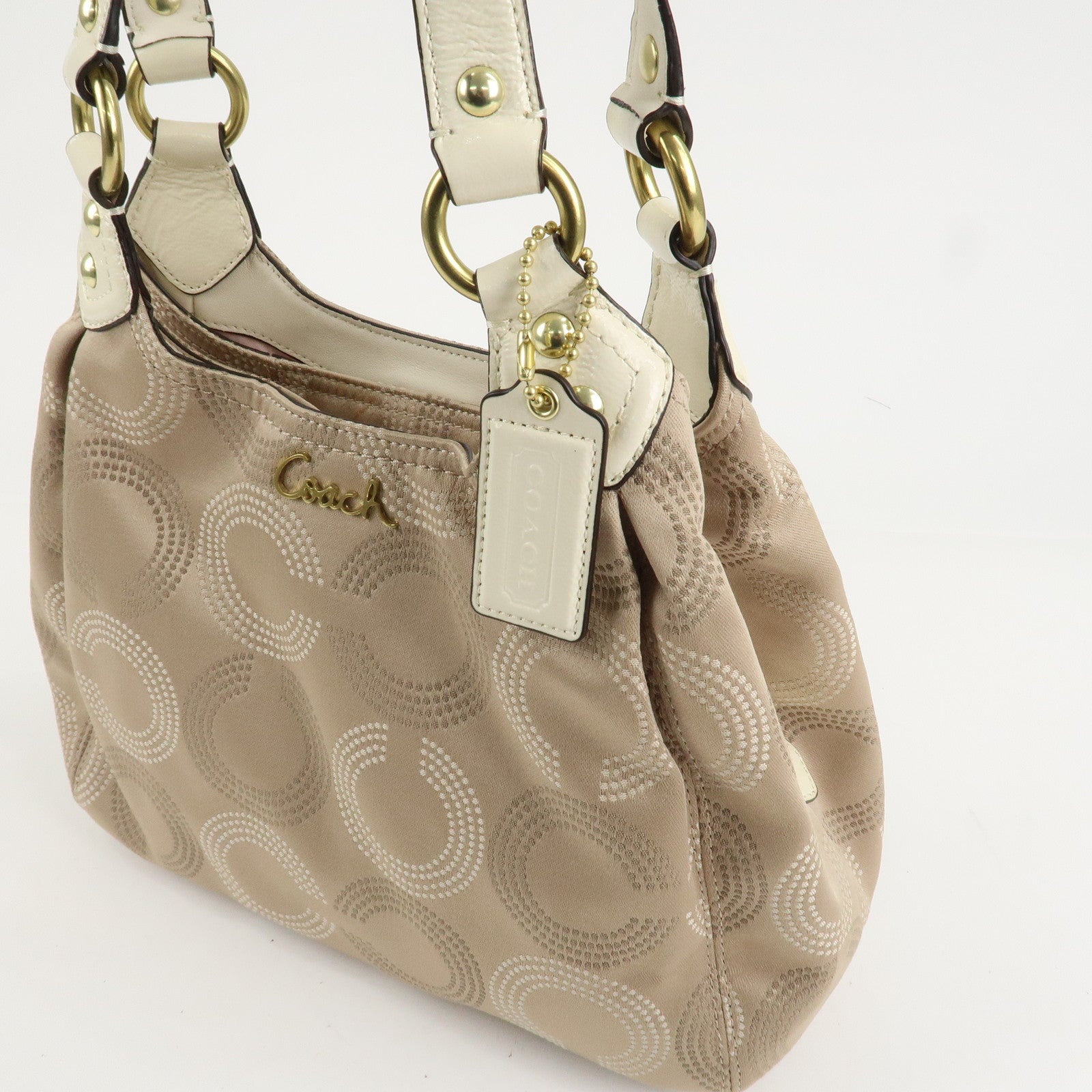 COACH Ashley Canvas Patent Leather Dot Op Art Hobo Bag Beige F21920 Used