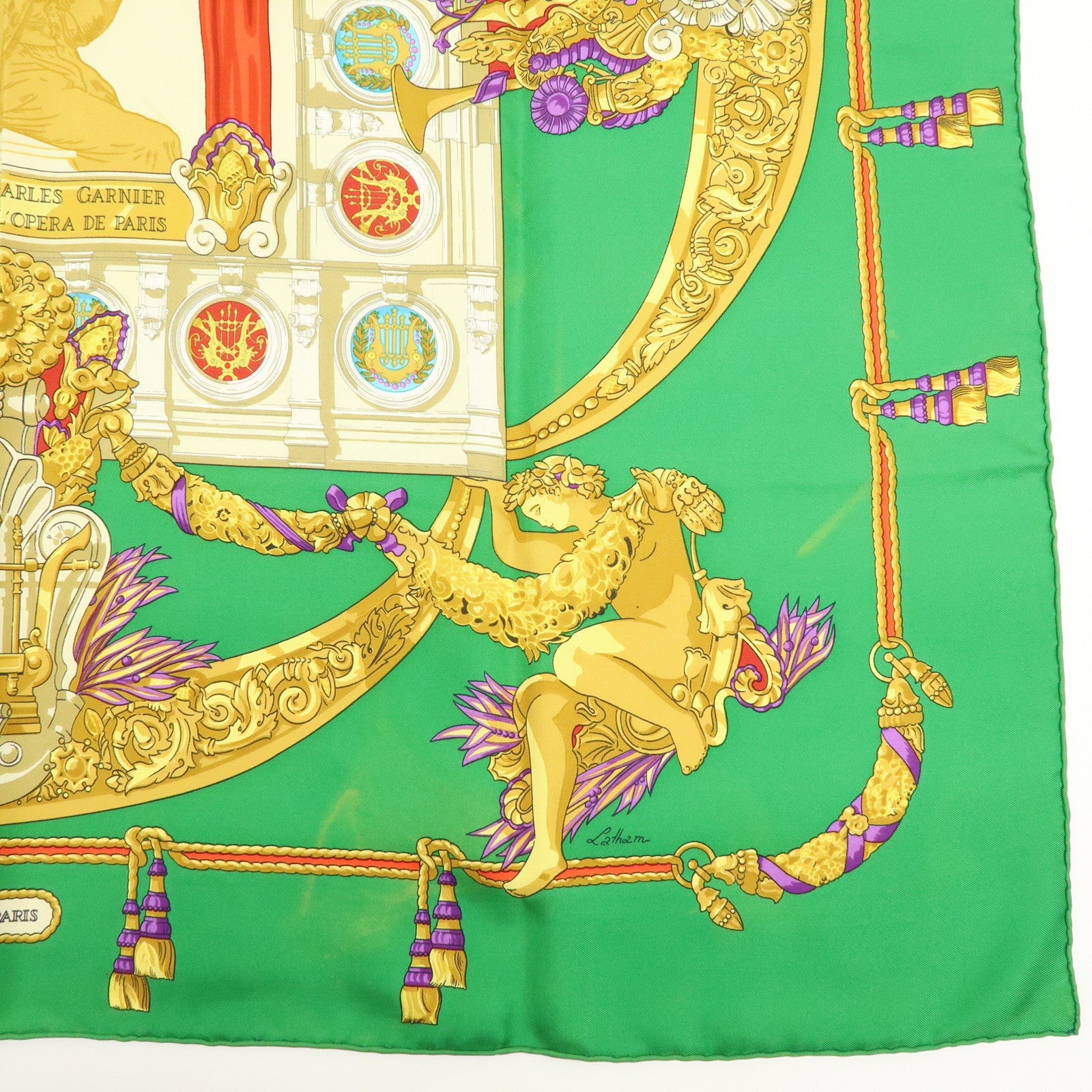 HERMES Carre 90 Set of 2 Silk 100% Scarf Green Gold Ivory