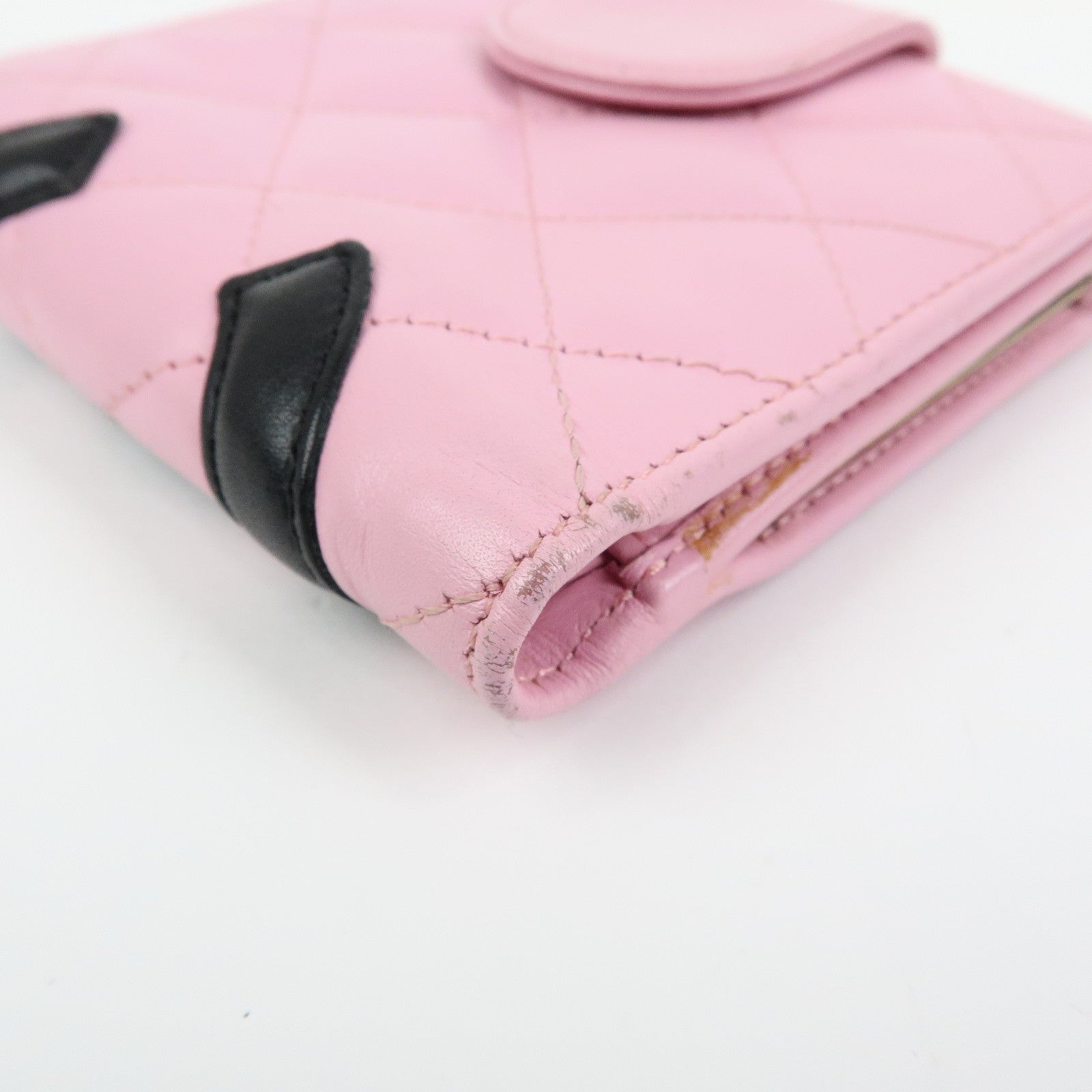 CHANEL Cambon Line Matelasse Lamb Skin Bi-fold Compact Wallet Pink