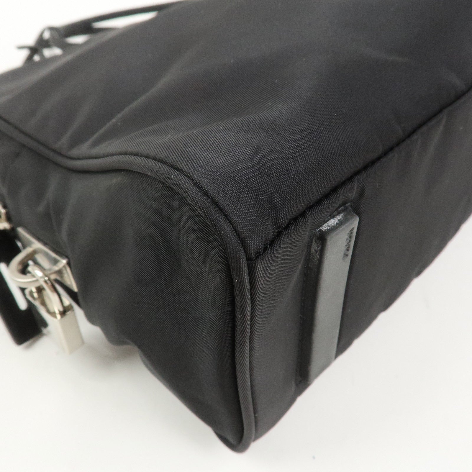 PRADA Triangle Logo Nylon Leather Hand Bag Black BN0531