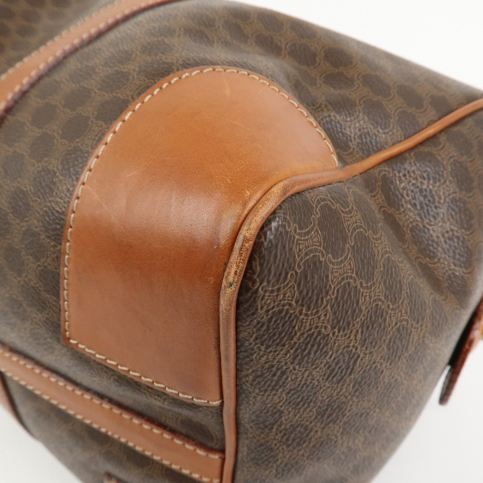 CELINE Macadam PVC Canvas Leather Boston Bag Hand Bag Brown