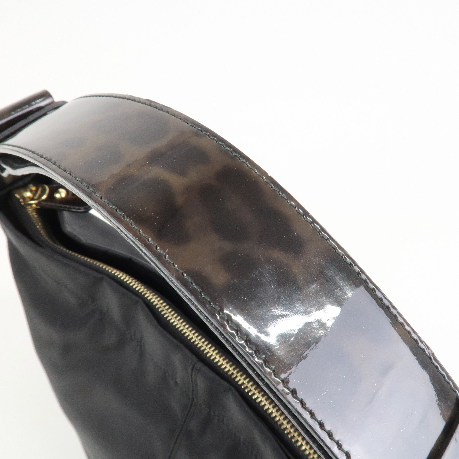 Ferragamo Nylon Patent Leather Shoulder Bag Hand Bag Leopard Black