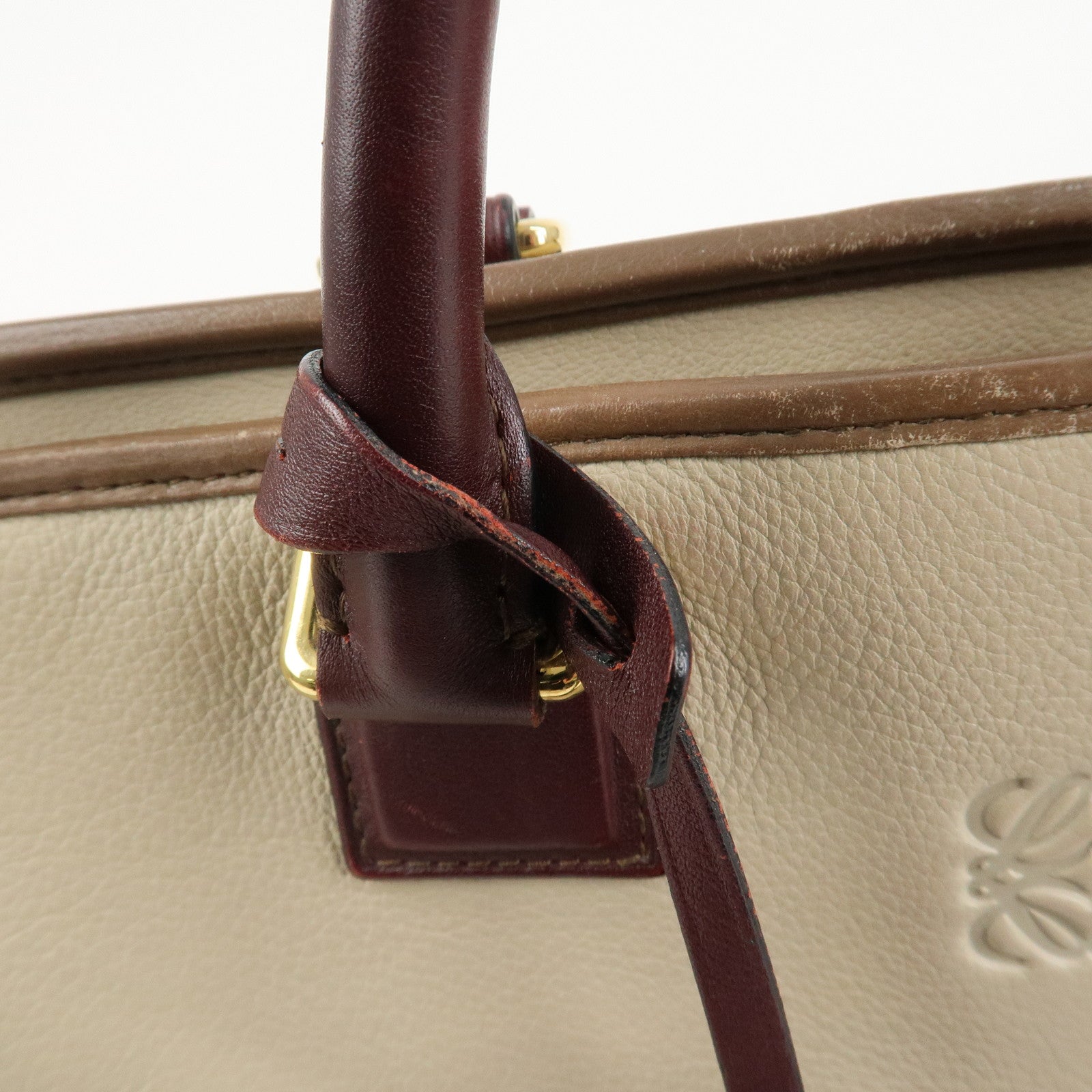 LOEWE Anagram Amazona 28 Leather Hand Bag Brown Ivory Bordeaux Used