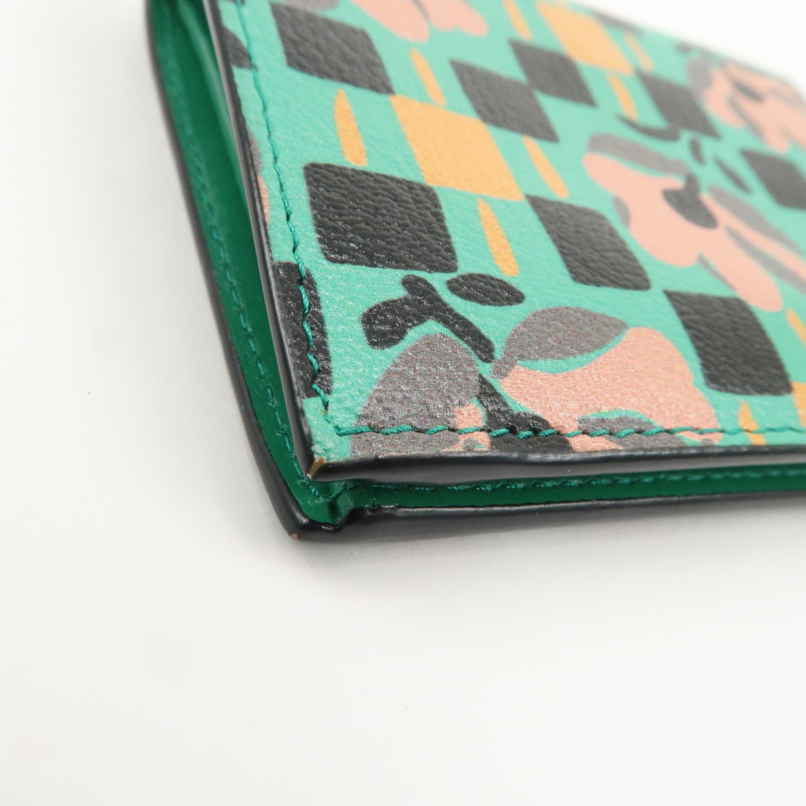 PRADA Leather Compact Wallet Floral Print Green Gold HDW 1MV204 Used