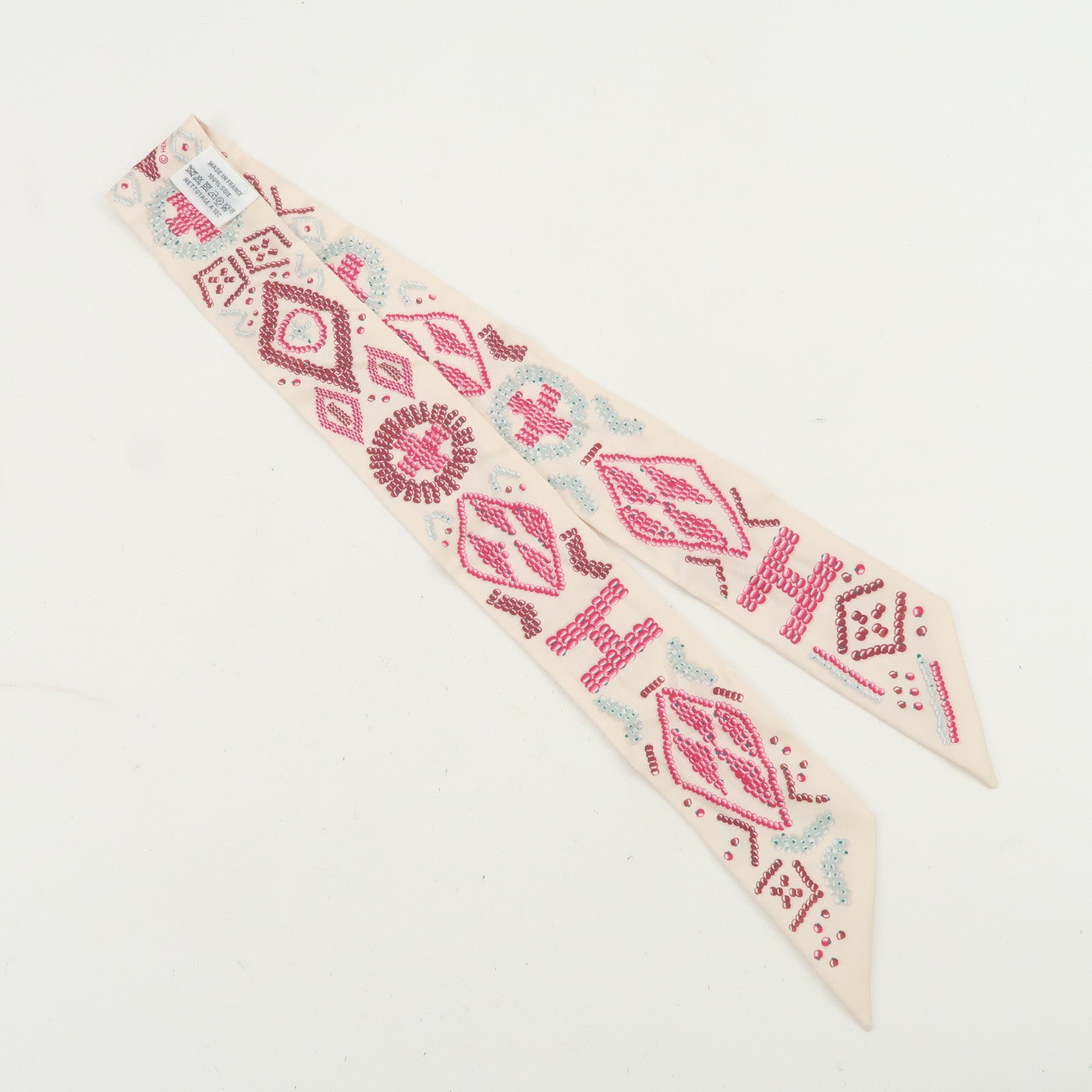 HERMES Twilly Silk 100% KELLY EN PERLES Scarf Ivory Pink