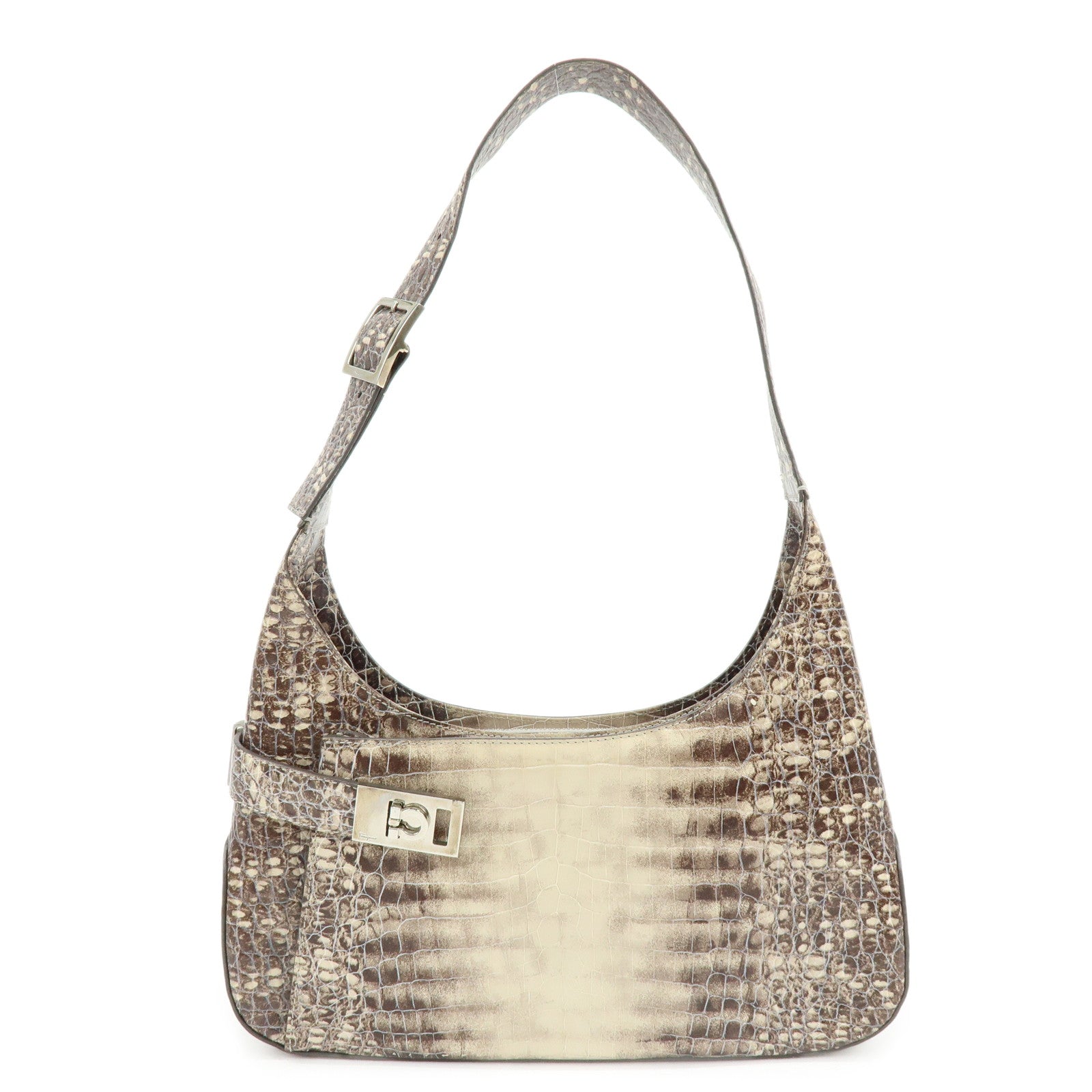 Ferragamo Gancini Embossed Leather Shoulder Bag Brown Beige