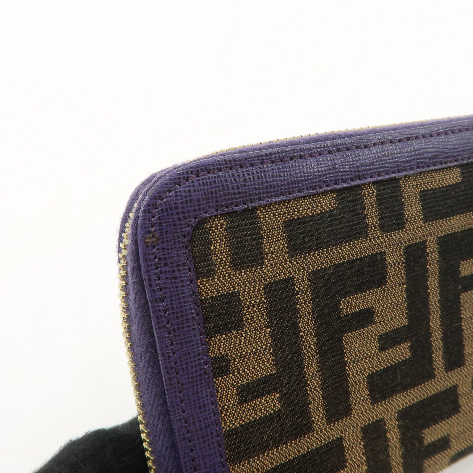 FENDI Zucchino Canvas Leather Round Zippy Long Wallet Brown Purple 8M0024 Used