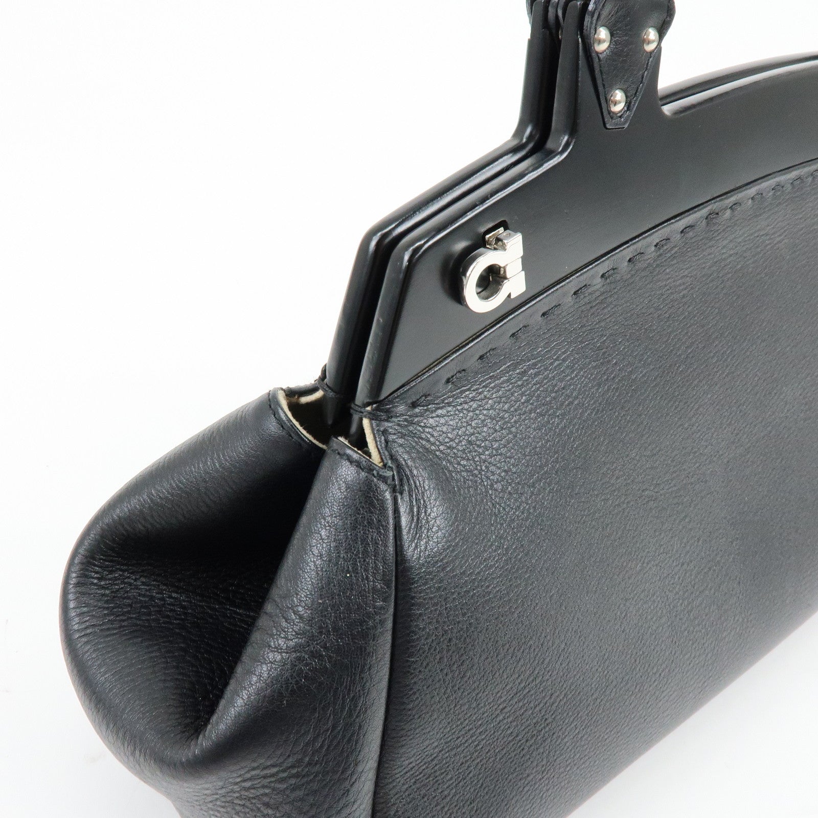 Ferragamo Gancini Leather Hand Bag Shoulder Bag Black