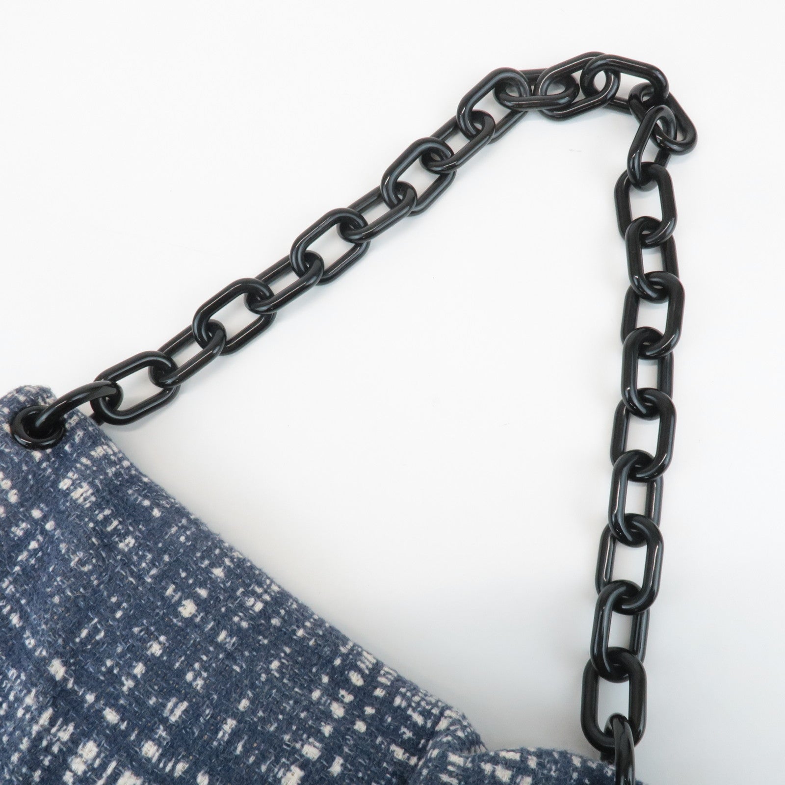 PRADA Tweed Leather Plastic Chain Shoulder Bag Navy White BR4874 Used