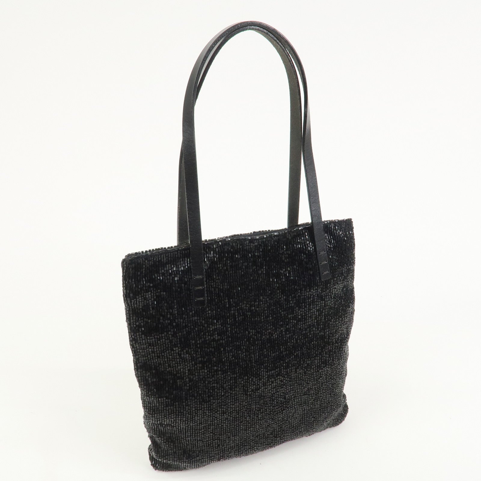 FENDI Logo Beads Leather Hand Bag Tote Bag Black