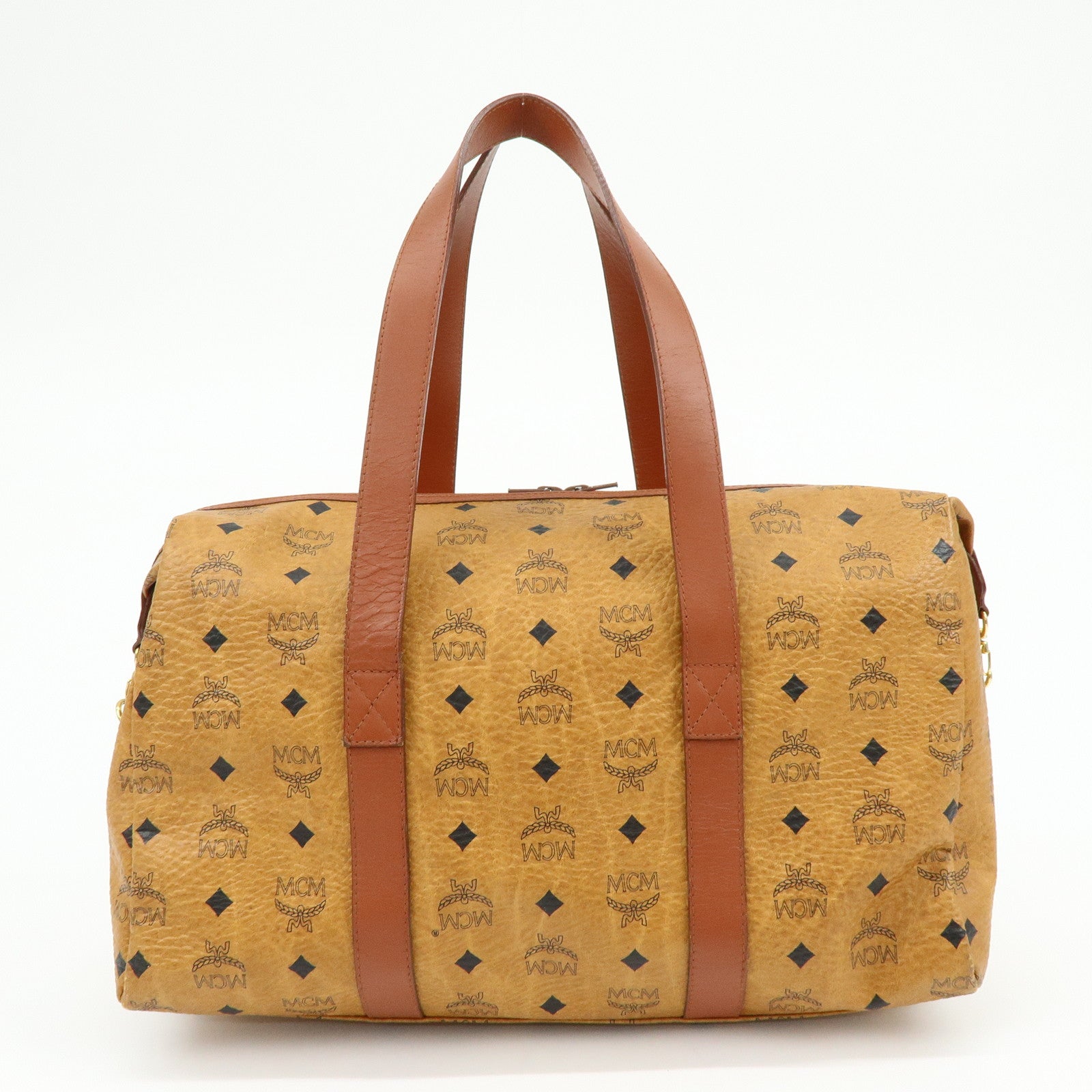 MCM Visetos PVC Leather Tote Bag Boston Bag Hand Bag Cognac Brown