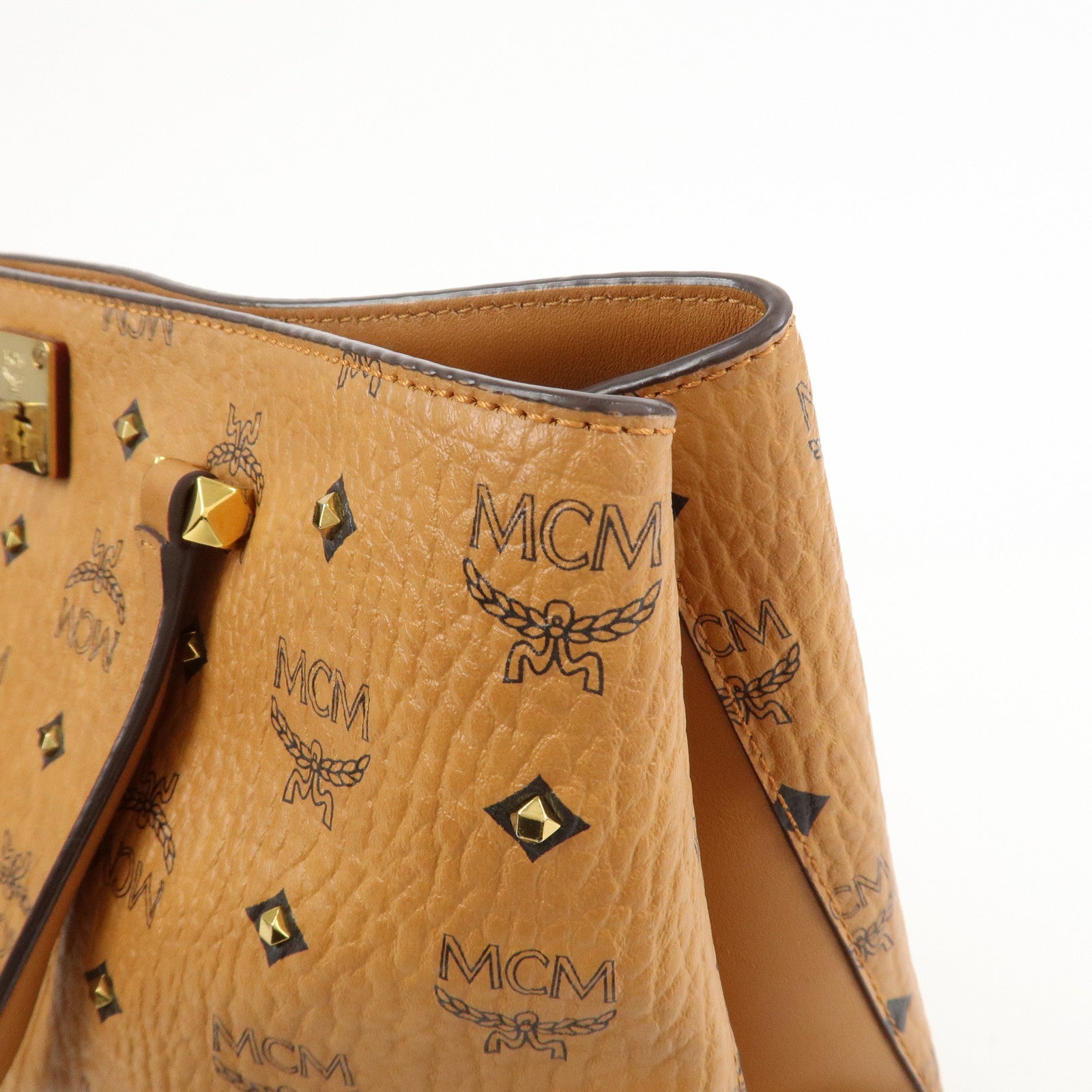 MCM Visetos PVC Leather 2Way Bag Hand Shoulder Bag Studs Cognac