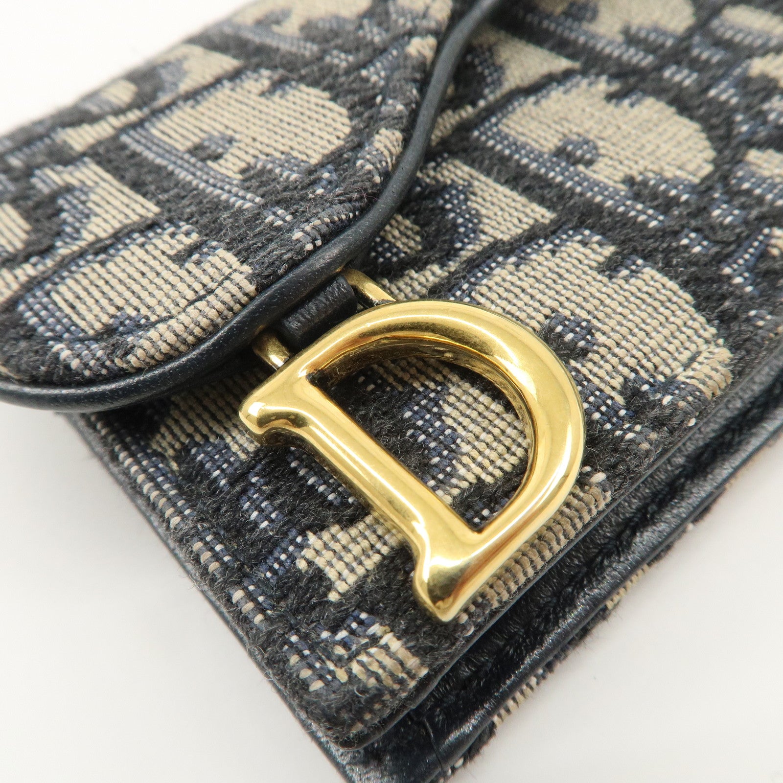 Christian Dior Oblique Canvas Leather Saddle Card Case Beige Navy Used