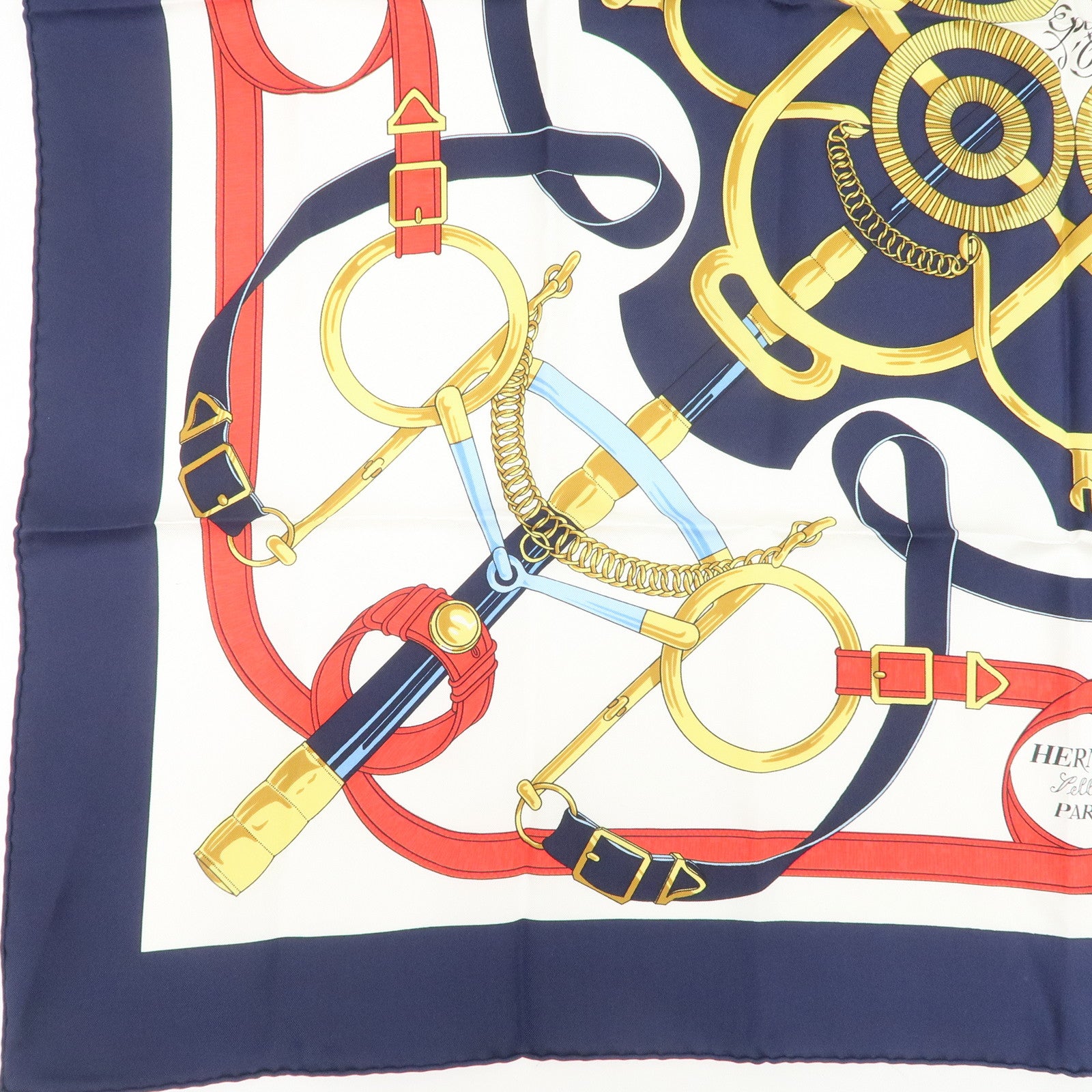 HERMES Carre 90 Silk 100% Eperon d'or Scarf White Navy
